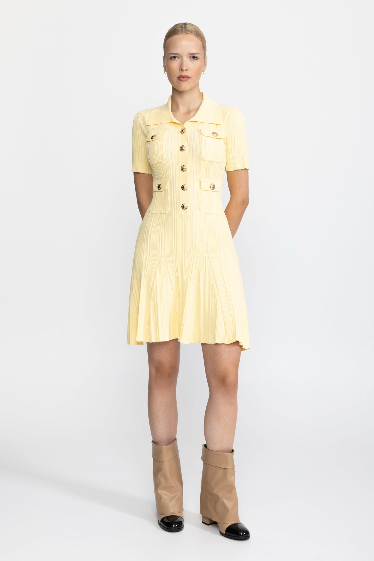 Polo Collar Rib Knit Mini Dress with Gold Buttons - Yellow