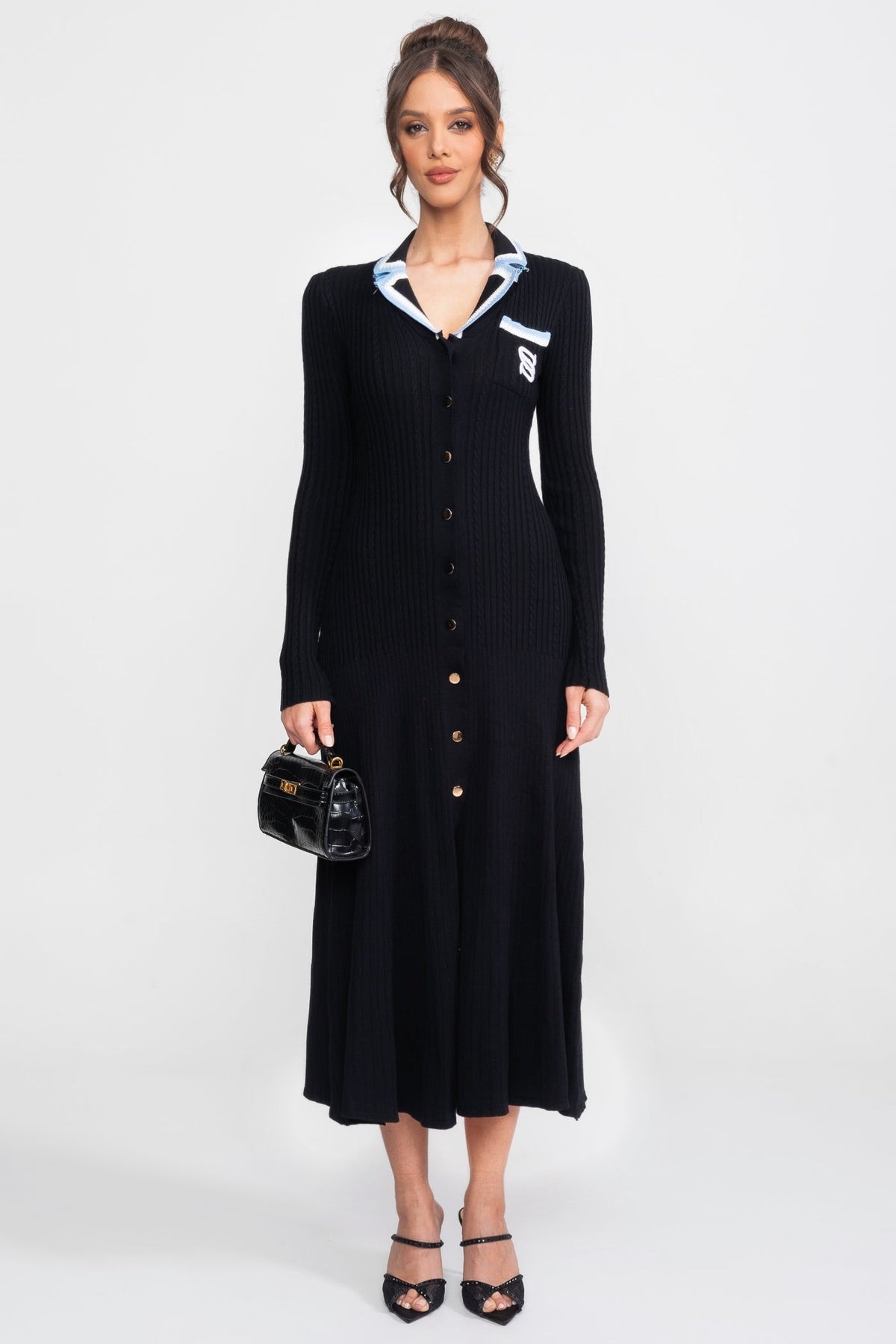 Georgiana Black Long Sleeve Knit Midi Dress With Polo Collar And Monogram Patch