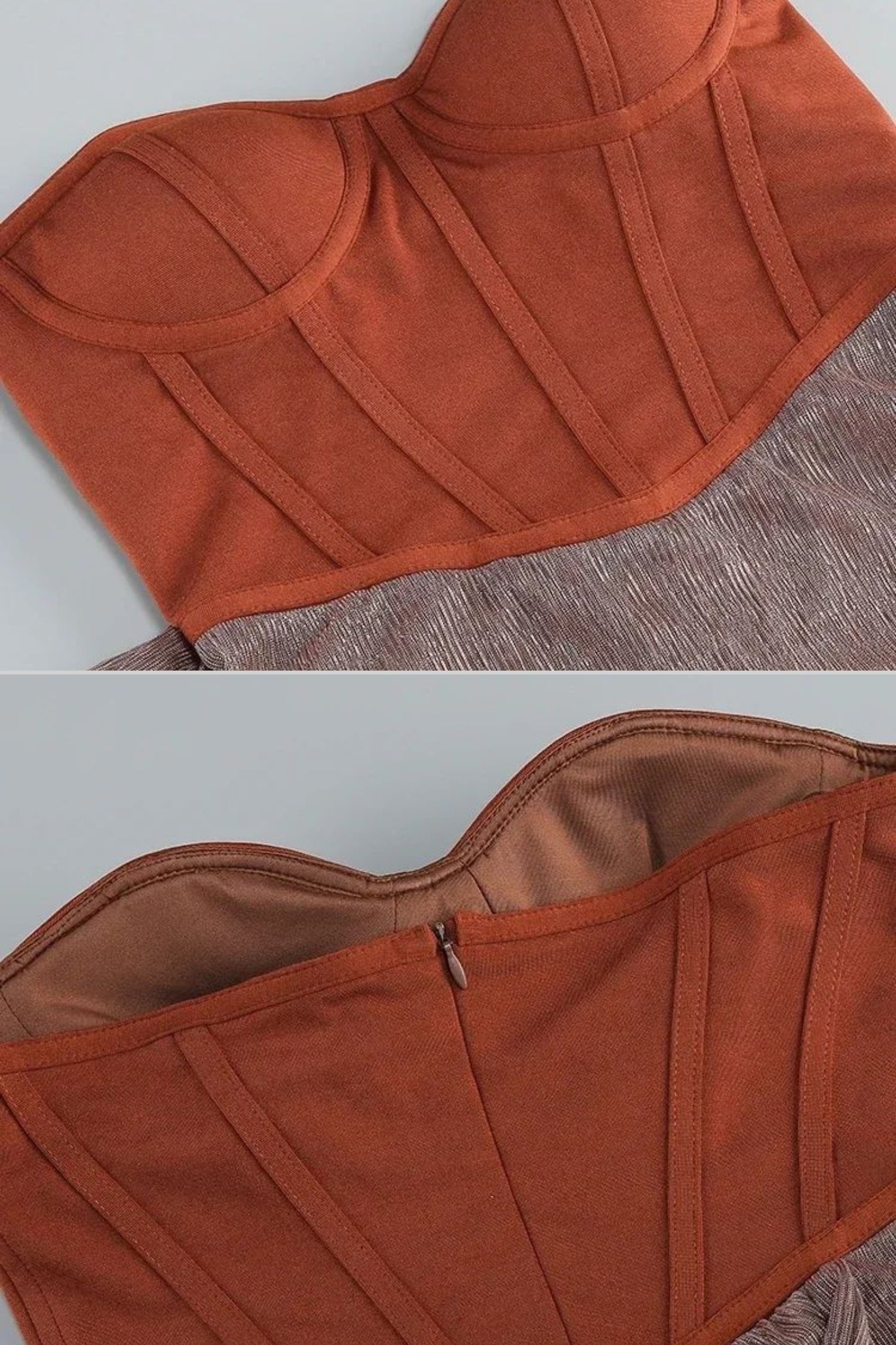 One-Shoulder Metallic Drape Dress With Structured Corset – Brown/Bronze