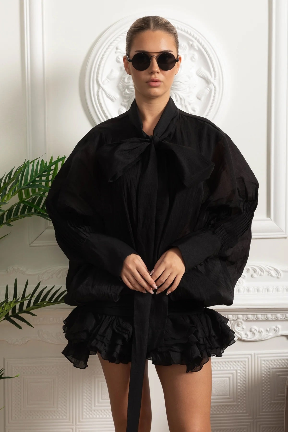 Sheer Bow-Neck Ruffle Mini Dress - Black