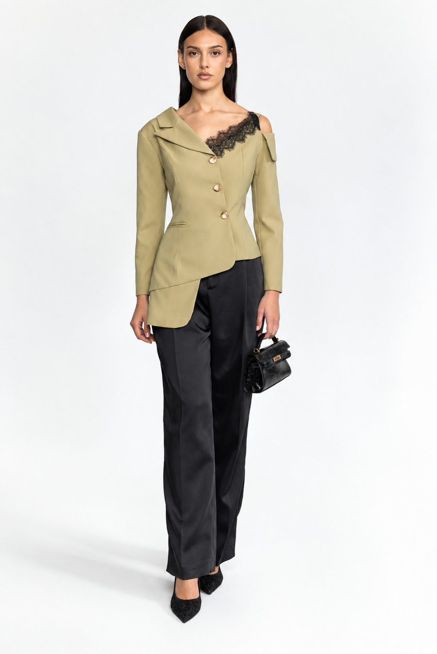 Isaline Asymmetric Cold-Shoulder Lace Trim Blazer - Khaki