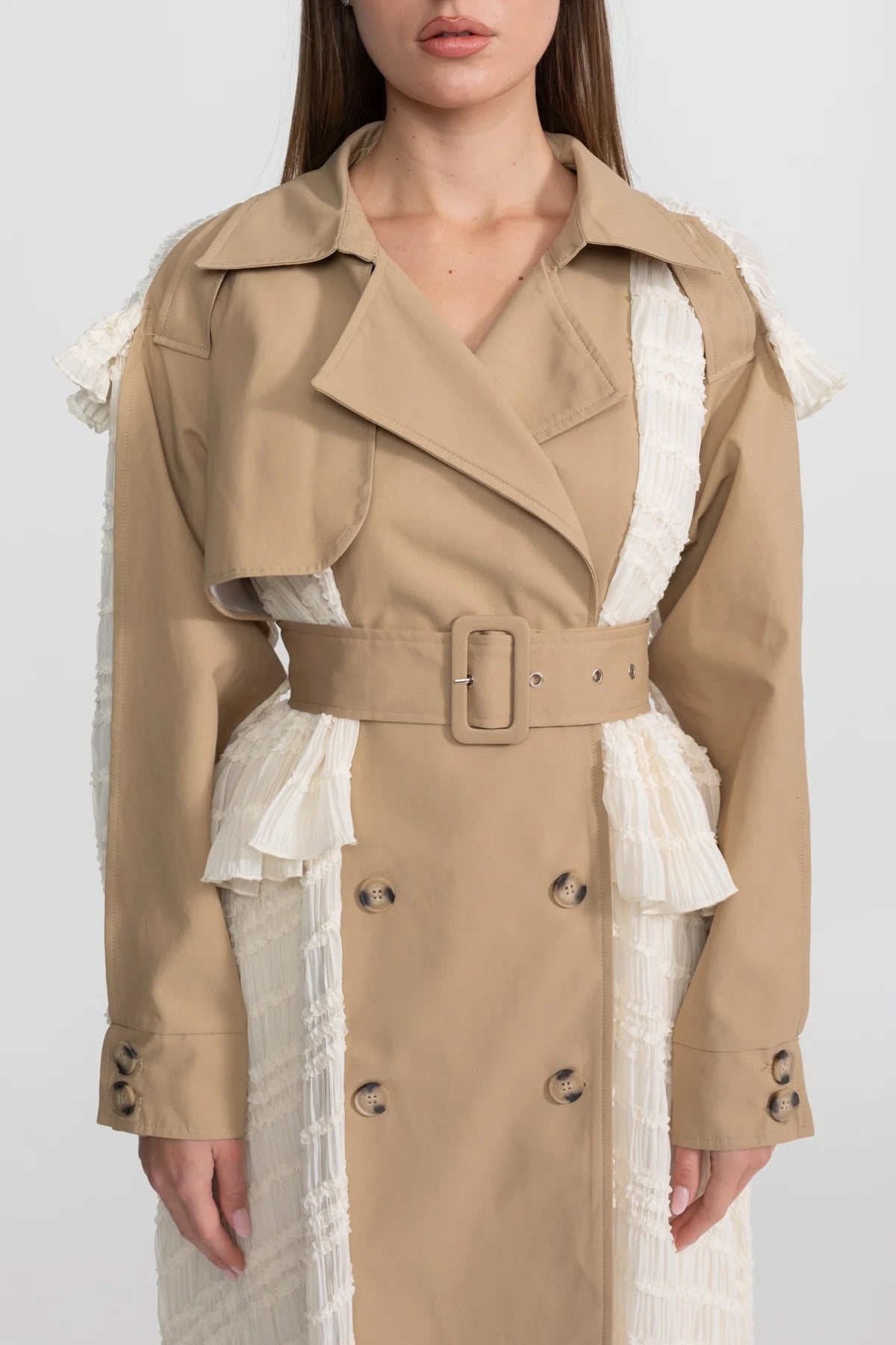 Longline Lace Panel Trench Coat With Belted Waist – Beige