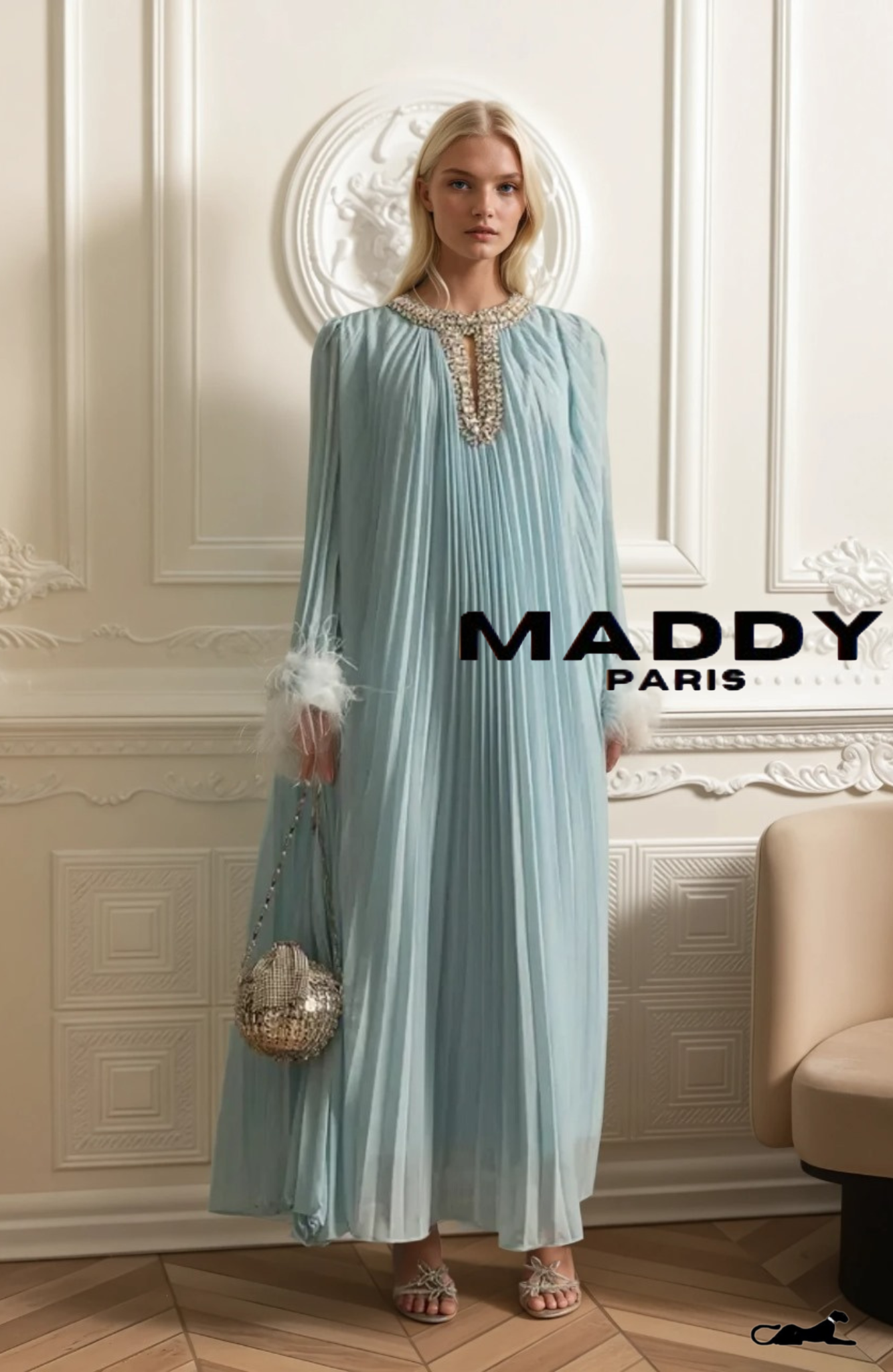 LAMISS Pleated Maxi Dress With Feathered Cuffs And Sparkling Neckline - Blue