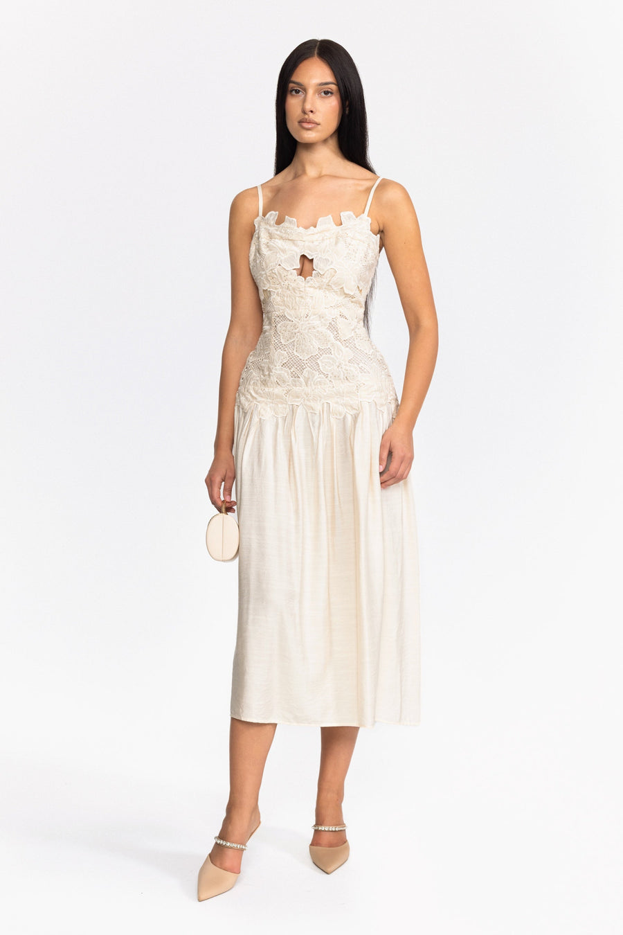Lisette Floral Appliqué Drop Waist Midi Dress - Off-White
