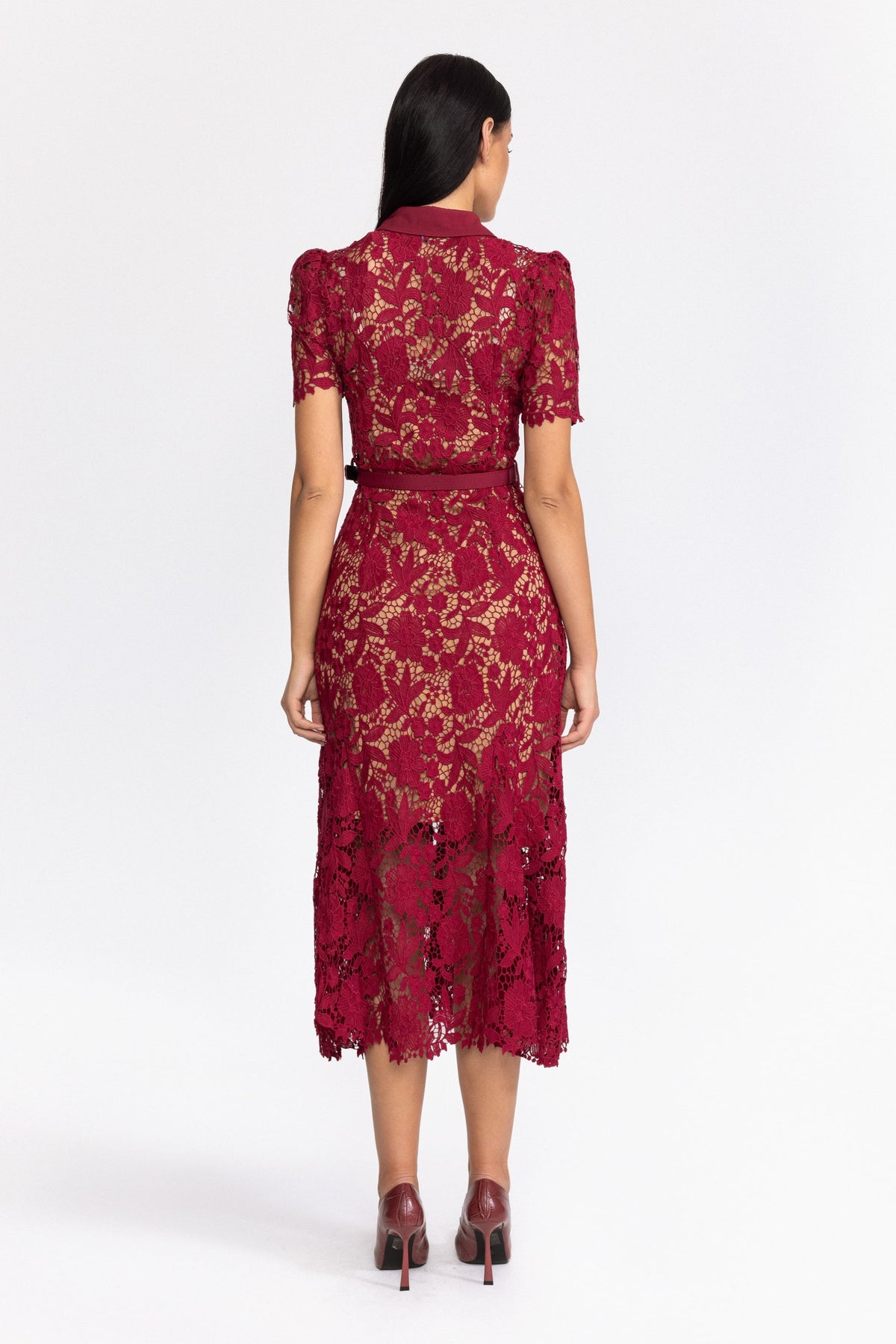 Guipure Lace Crystal Button Shirt Midi Dress - Wine