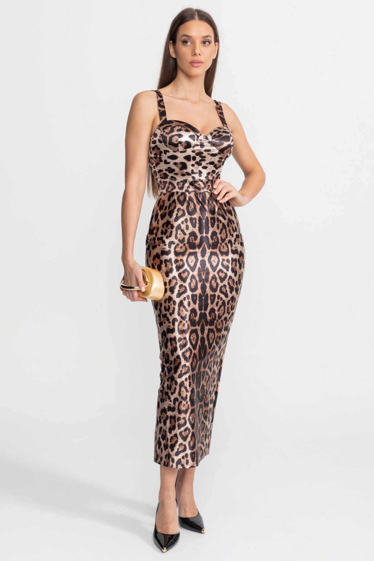 Satin Midi Dress with Leopard Print – Brown