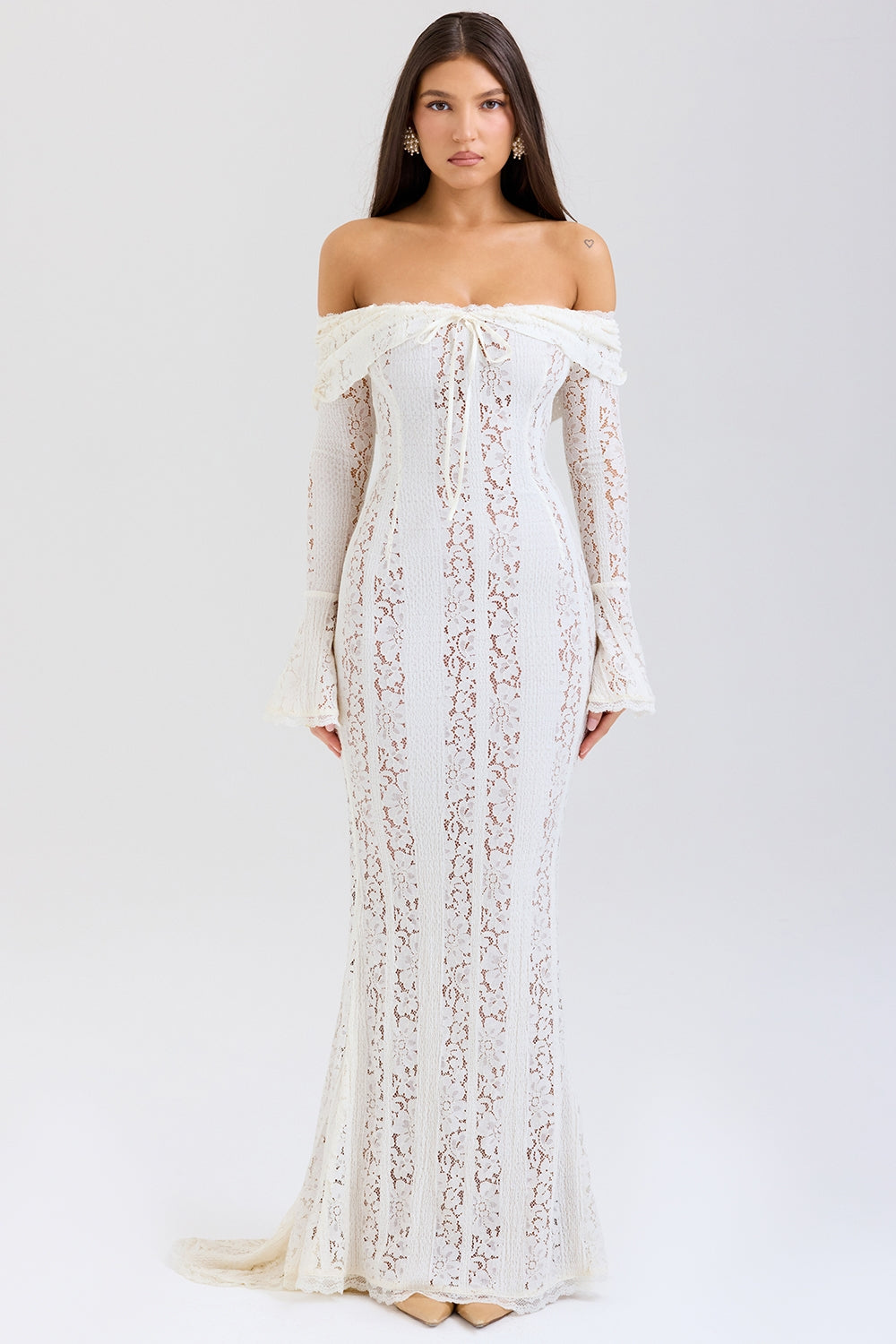 Belle Vintage Floral Lace Off Shoulder Maxi Dress - Cream white