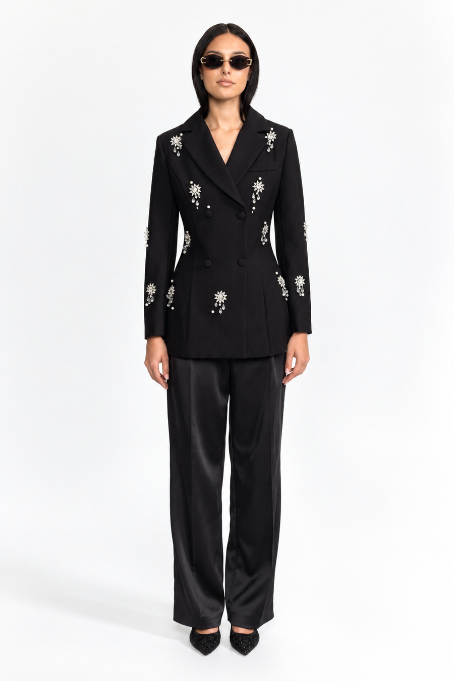 Lison Black Crystal Brooch Embellished Double-Breasted Blazer