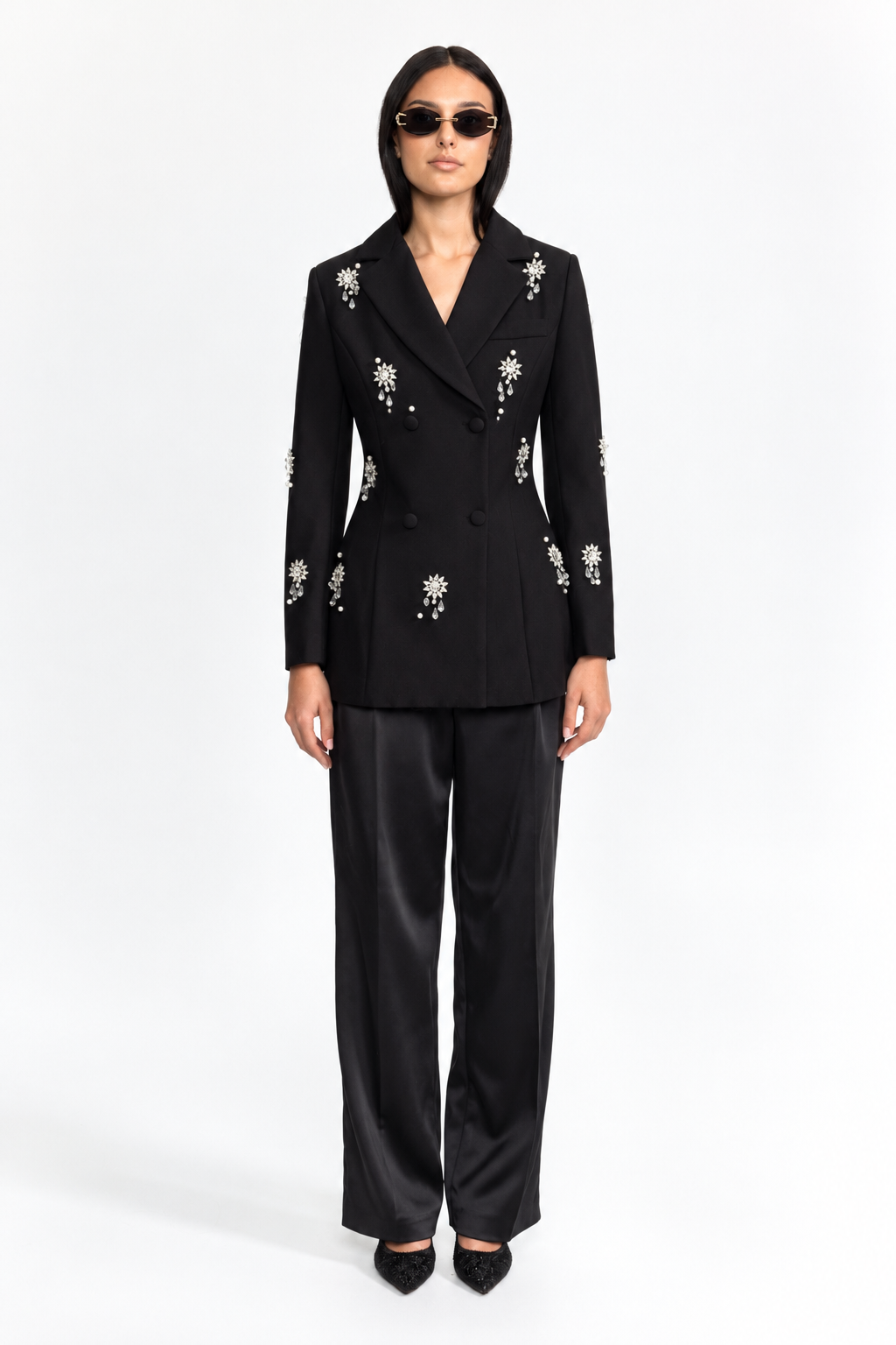Lison Black Crystal Brooch Embellished Double-Breasted Blazer