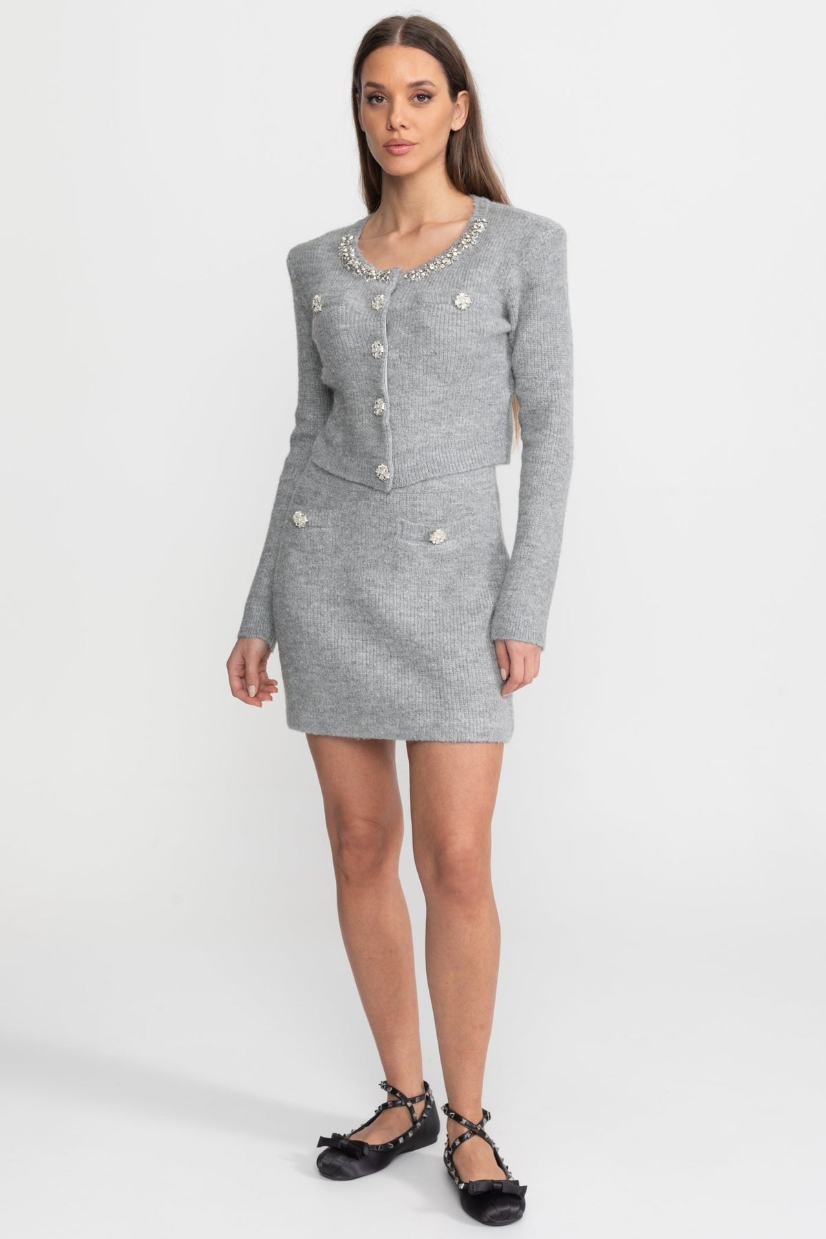 Blanche Grey Embellished Knit Co-Ord Set with Crystal Buttons