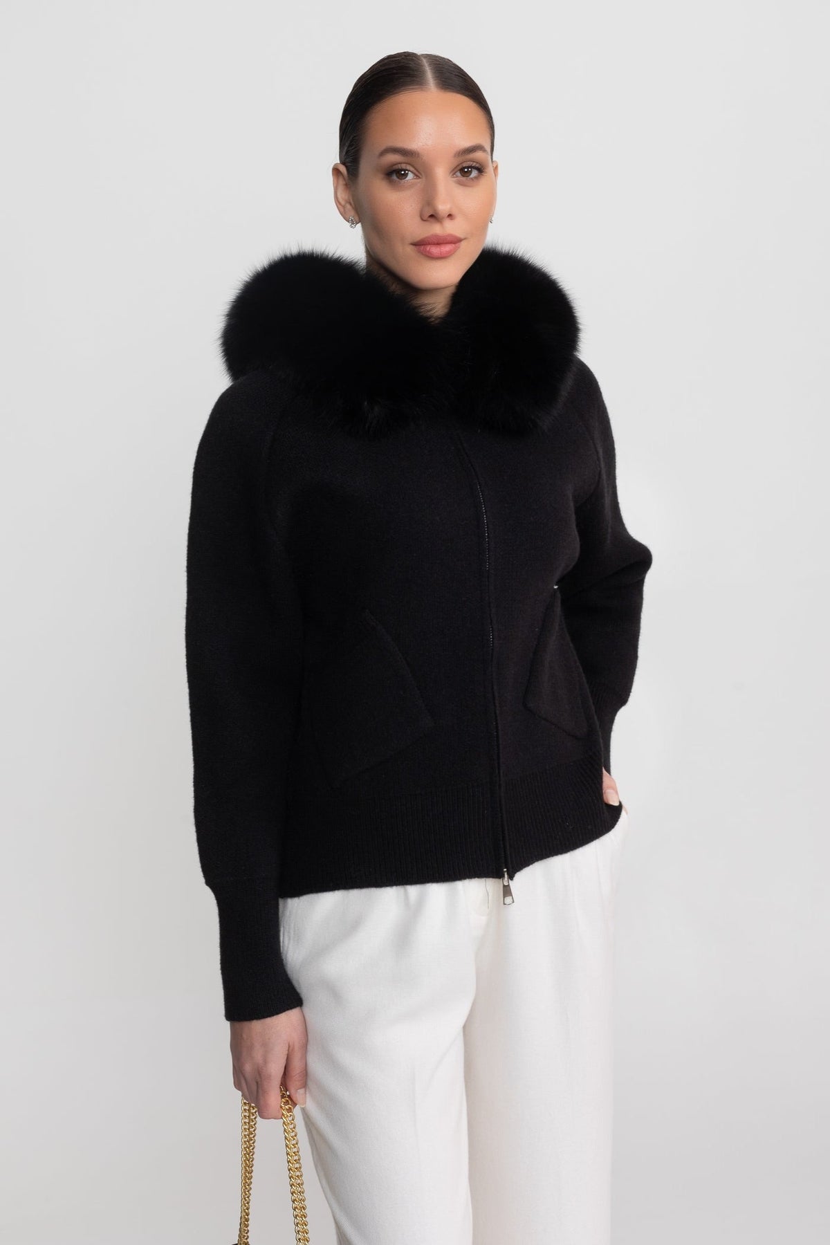 Valeriane Black Zip-Up Wool Hoodie With Fox Fur Collar