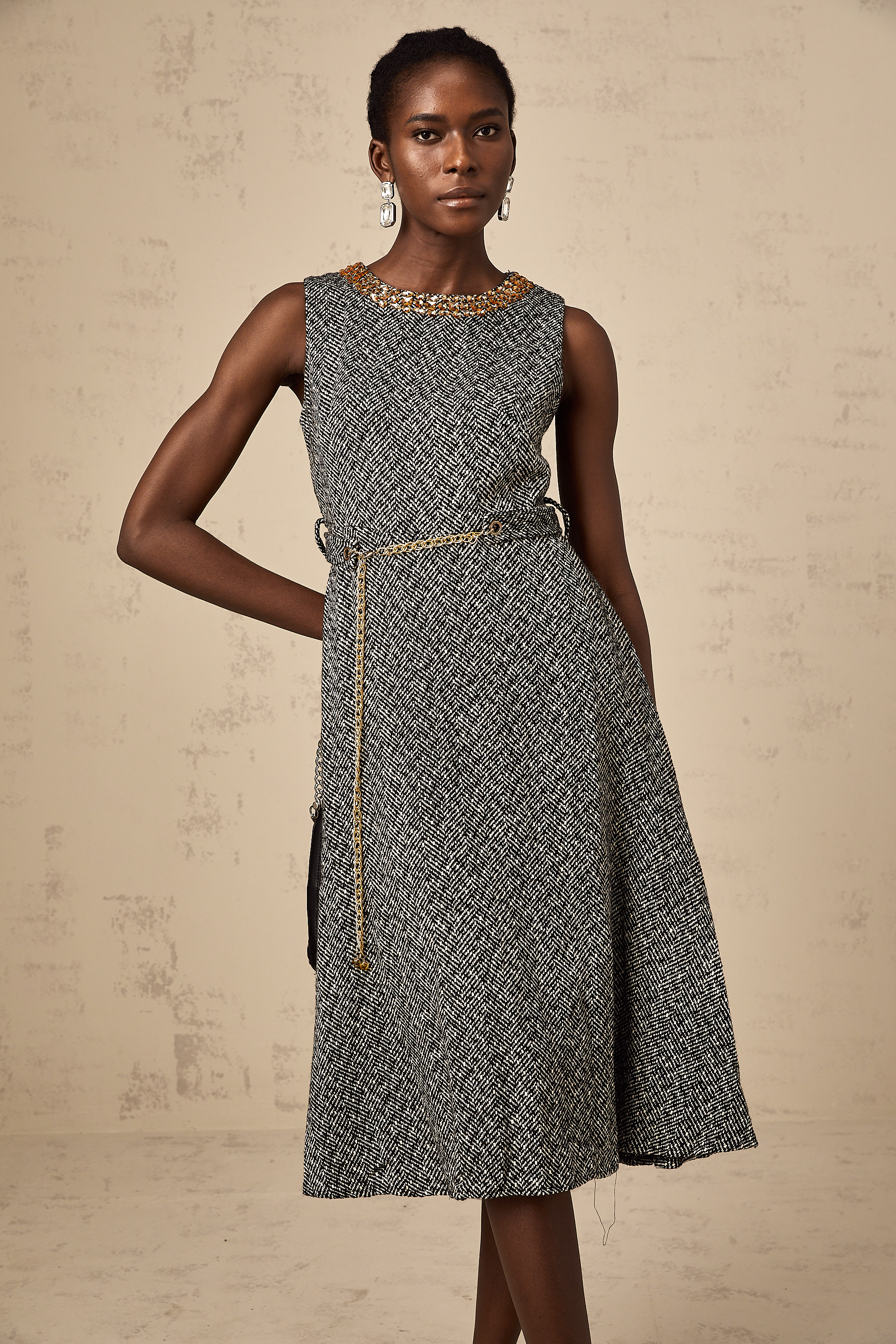 Valentine grey crystal sleeveless tweed midi dress (Final Sale)