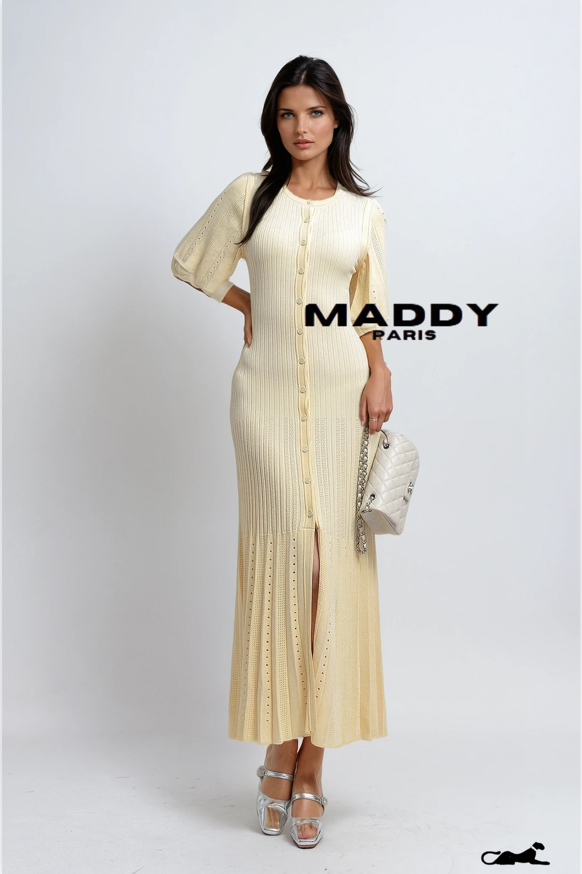 SANDRO Fine-knit midi dress with openwork design yellow/beige