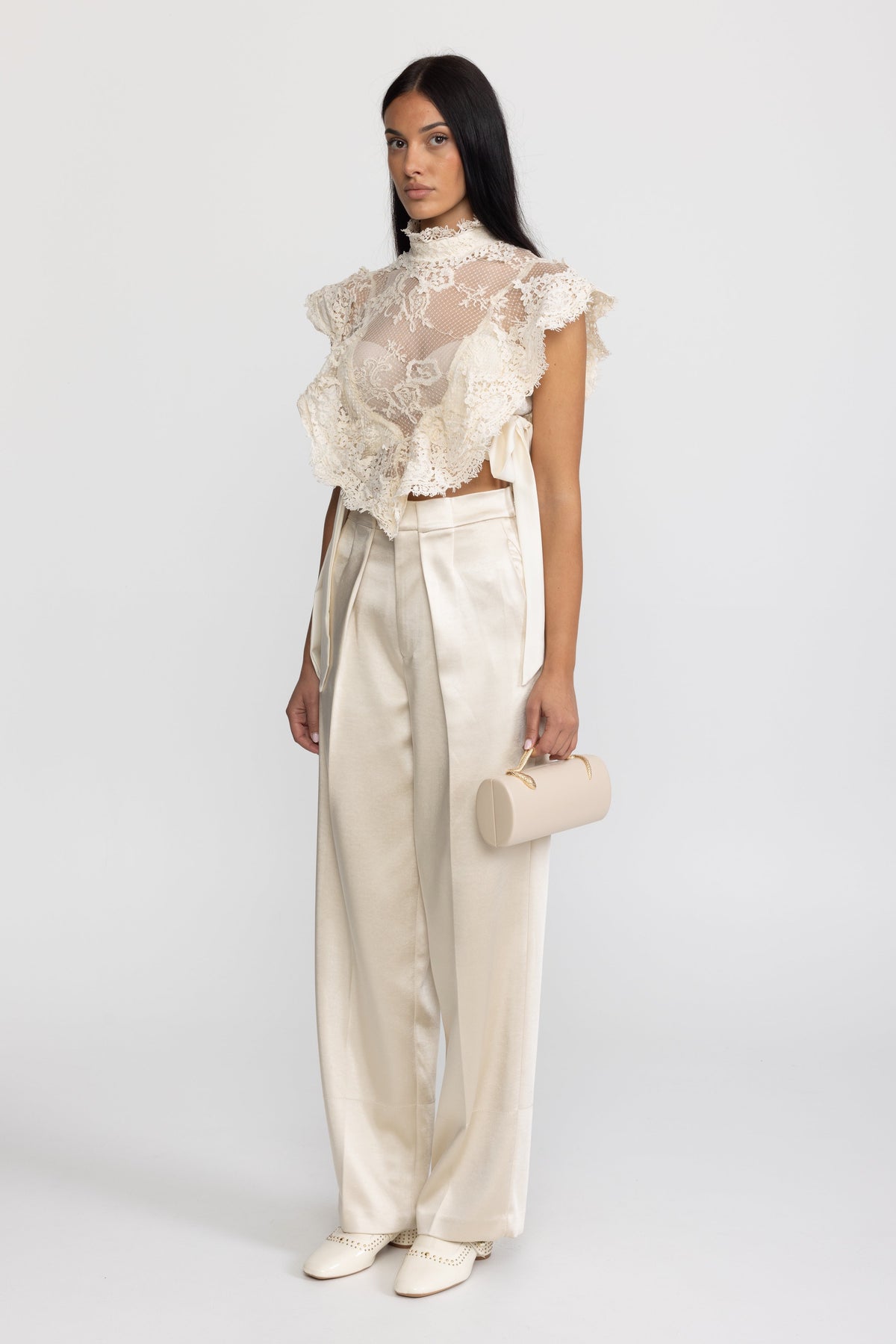 Sheer Lace Ruffle Mock Neck Top - Ivoire