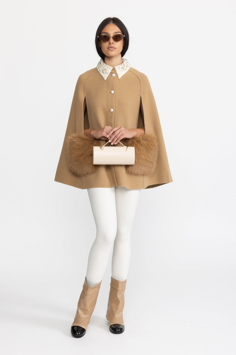 Annabelle Pearl Embellished Collar Cape with Faux Fur Pockets - Camel