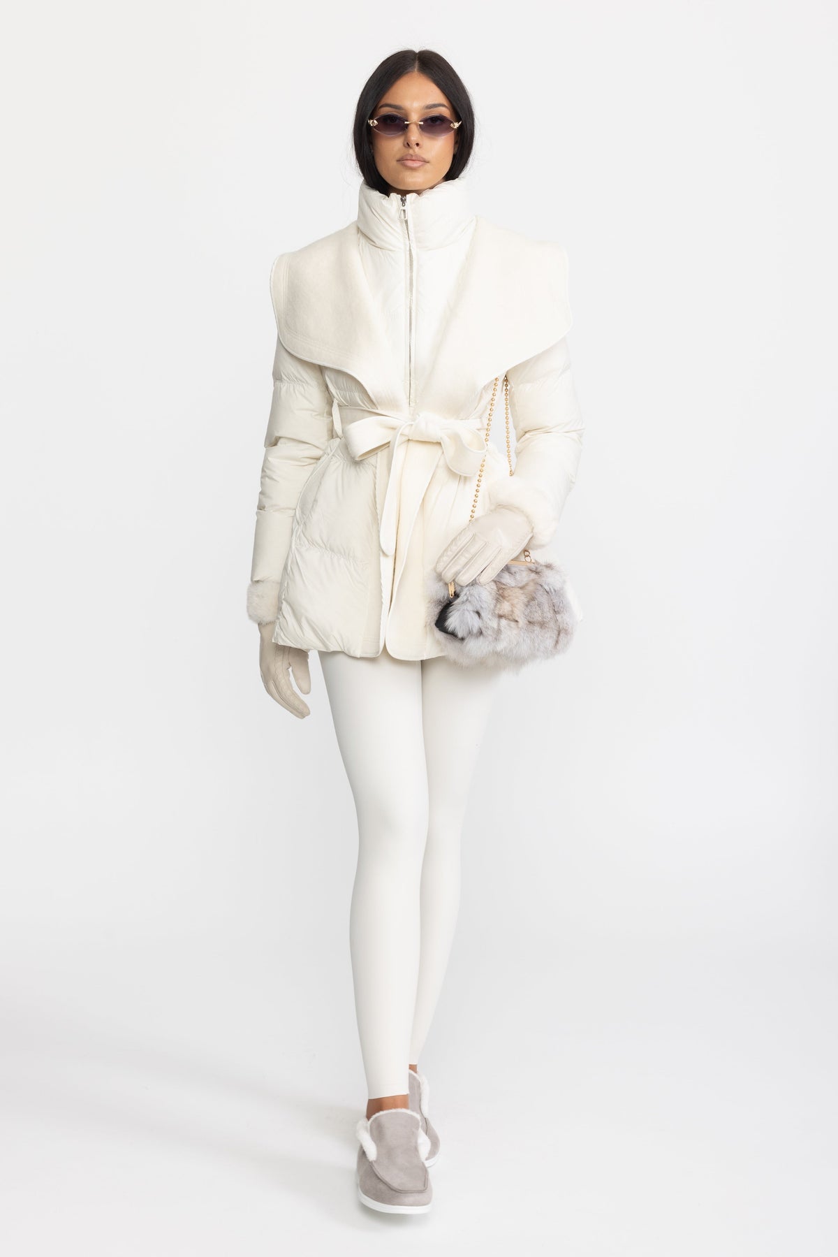 Draped Collar Belted Down Jacket with Plush Cuffs - Ivoire