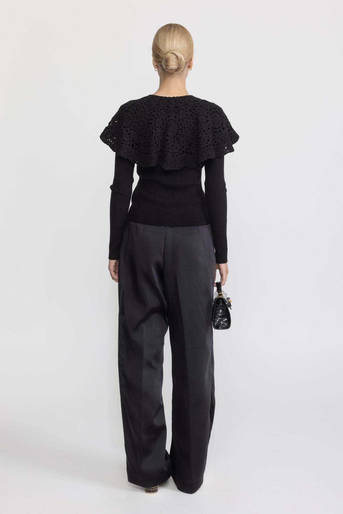 Crochet Capelet Collar Rib Knit Cardigan - Black