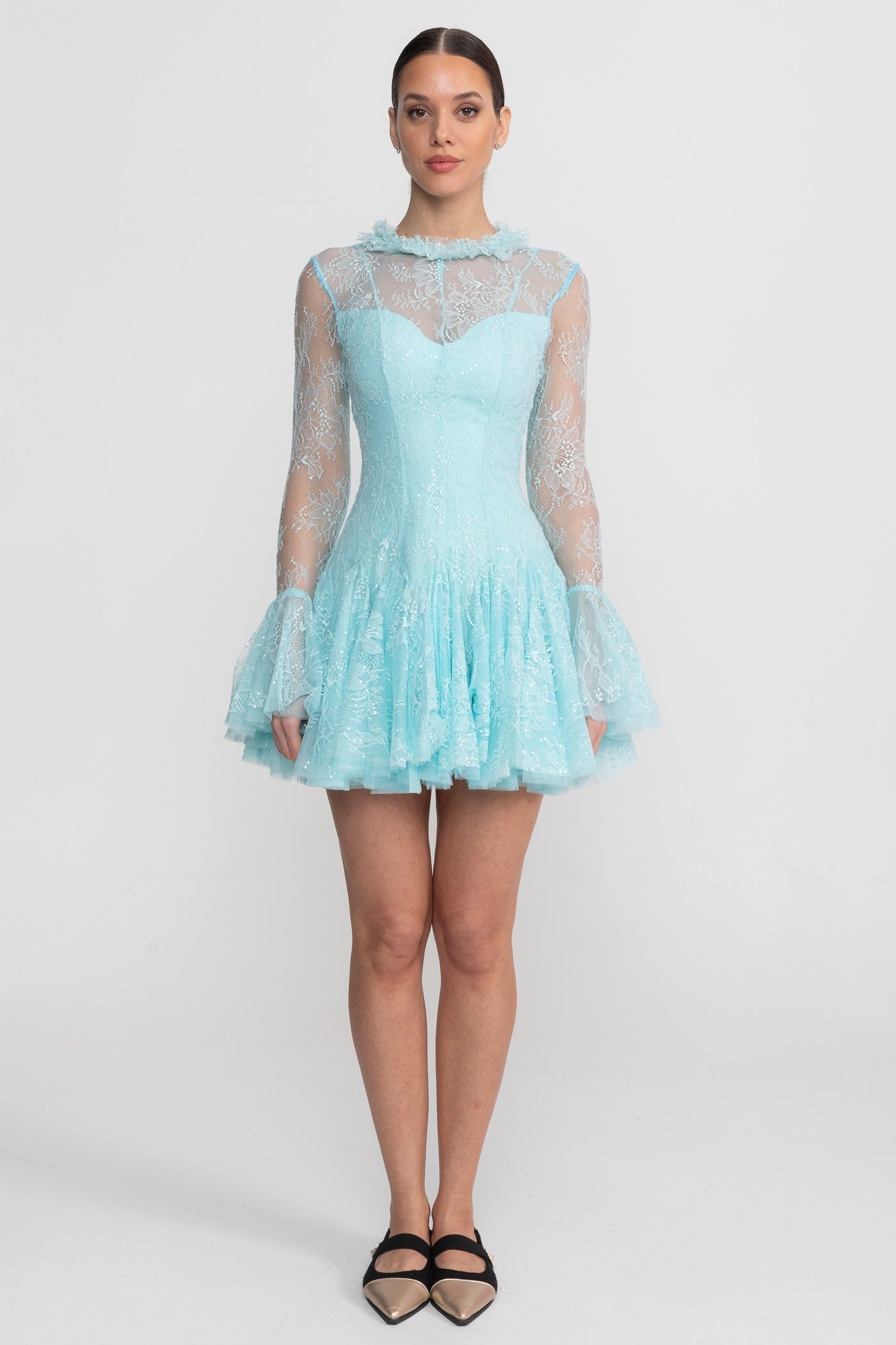 Sheer Lace Long Sleeve Mini Dress With Ruffled Hem - Teal