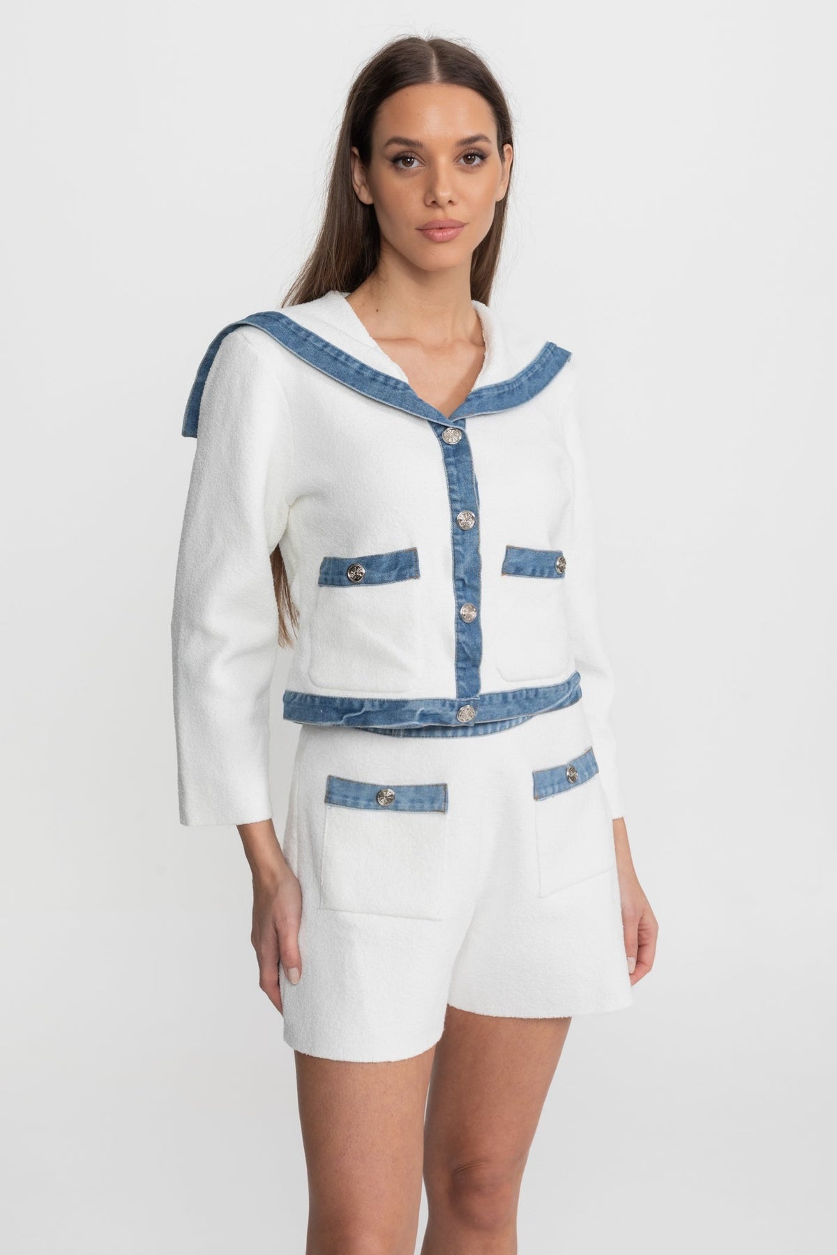 Textured Knit Co-Ord Set with Denim Trim – White & Blue