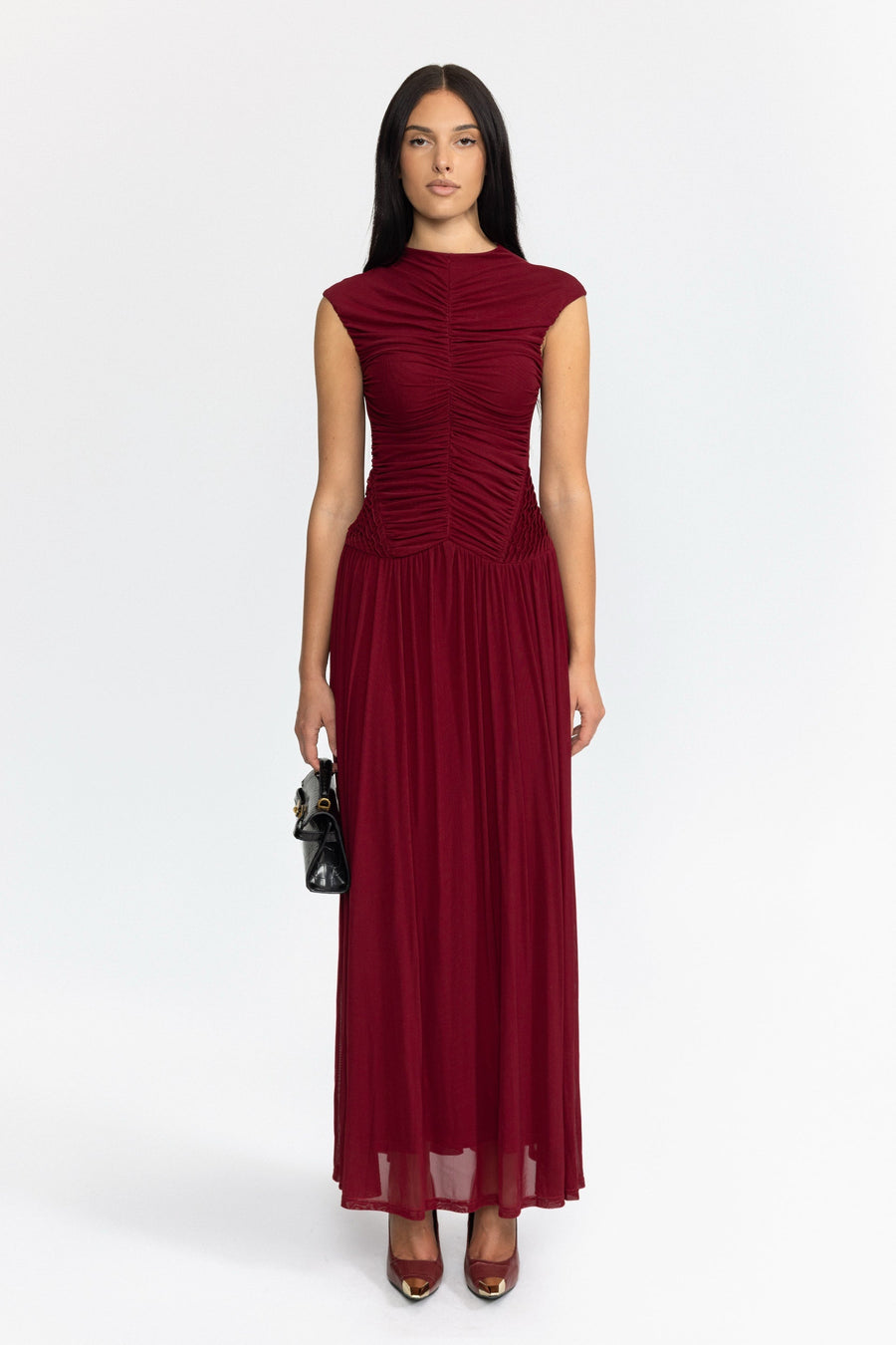 Isolde Ruched Mesh Drop Waist Maxi Dress - Wine