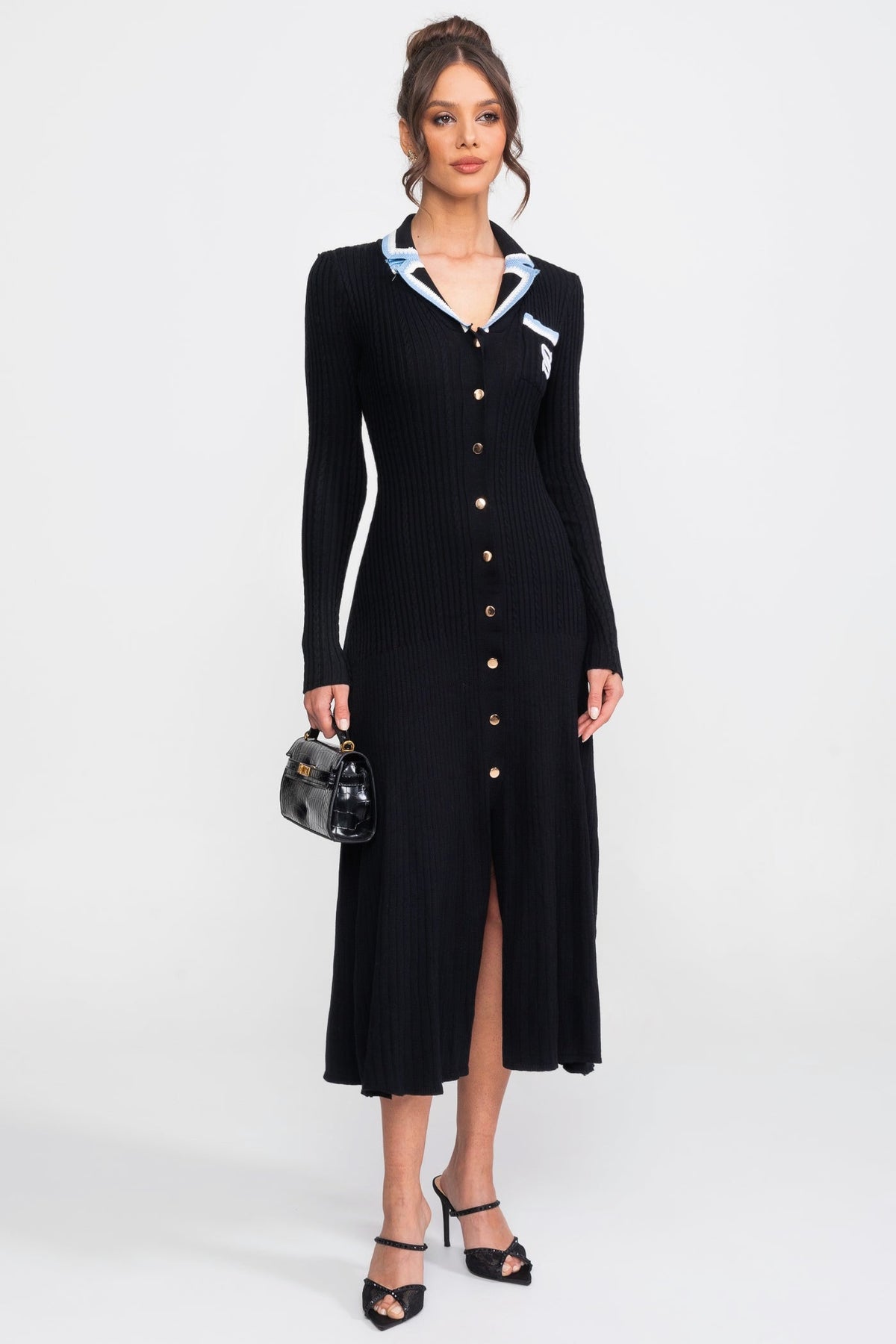 Georgiana Black Long Sleeve Knit Midi Dress With Polo Collar And Monogram Patch