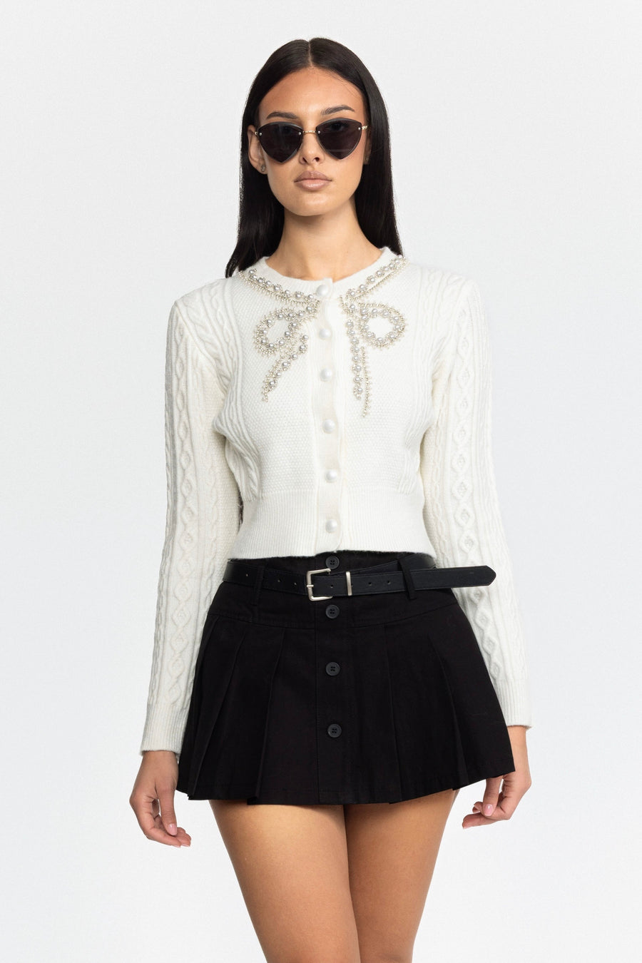 Ottilie Pearl Bow Embellished Cable Knit Cardigan - White