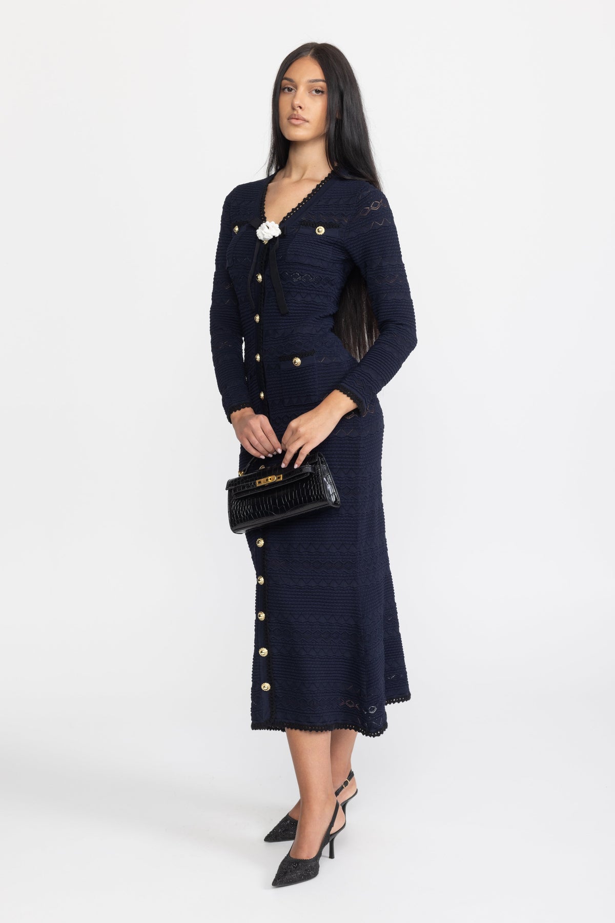 Crochet Trim Knit Button Midi Dress with Flower Brooch - Navy