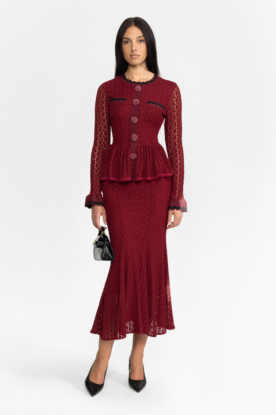 Hortense Crochet Knit Peplum Midi Dress with Ric-Rac Trim - Wine