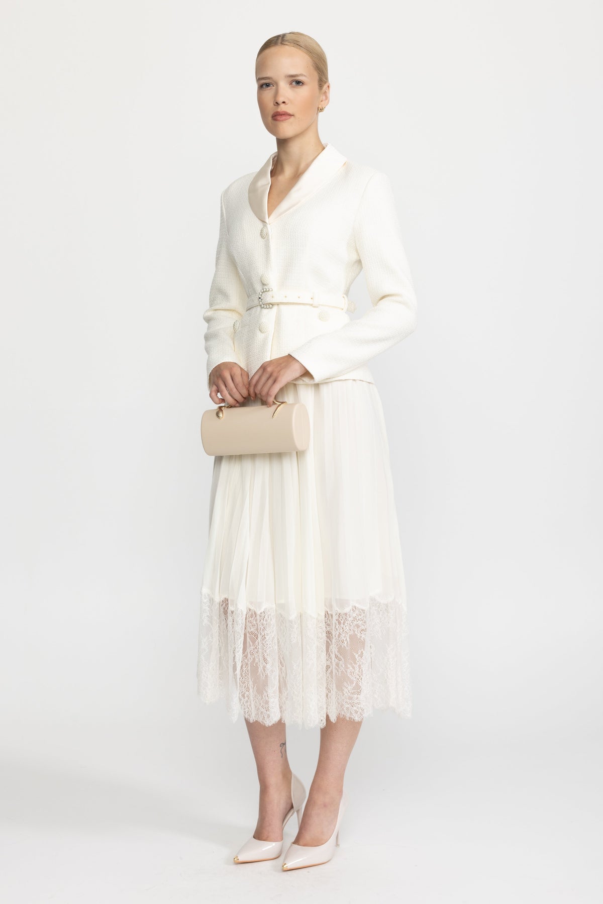 Satin Collar Tweed Jacket Dress with Pleated Lace Skirt - Ivoire