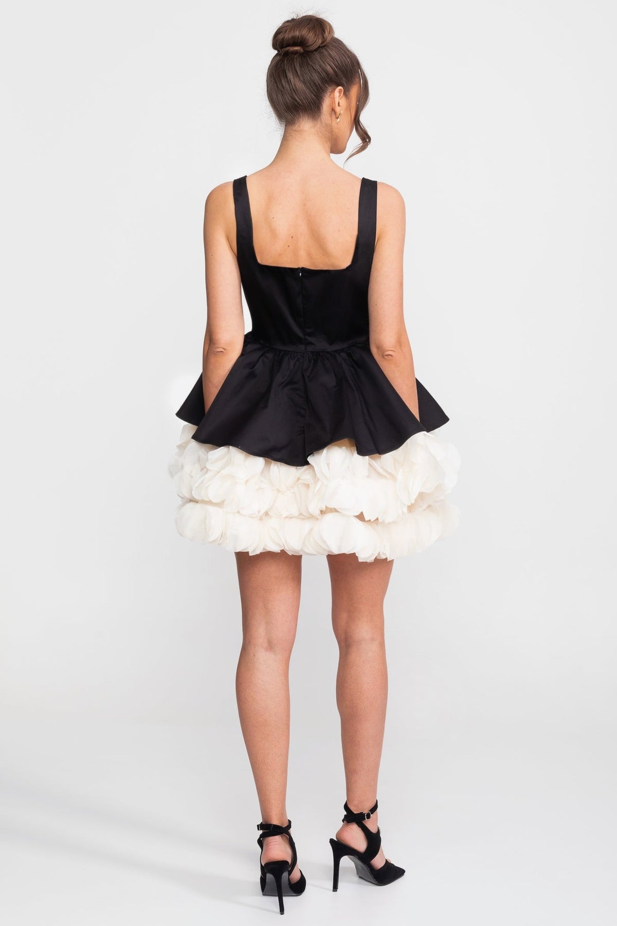 Strapless Mini Dress With Square Neckline And Ruffled Skirt Underlay - Black