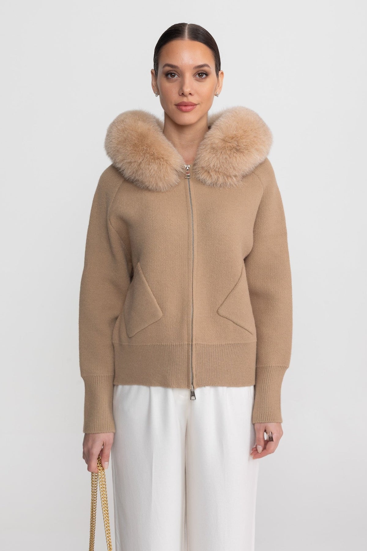 Valeriane Brown Zip-Up Wool Hoodie With Fox Fur Collar
