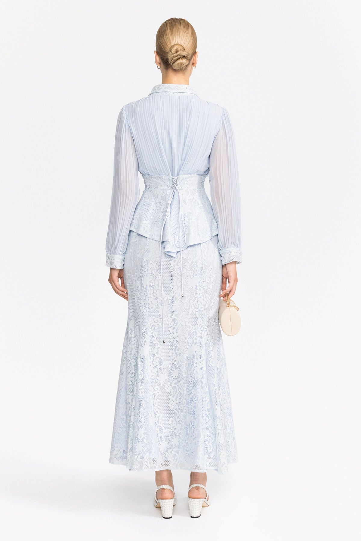 Pleated Chiffon Lace Peplum Blouse and Maxi Skirt Set - Light Blue