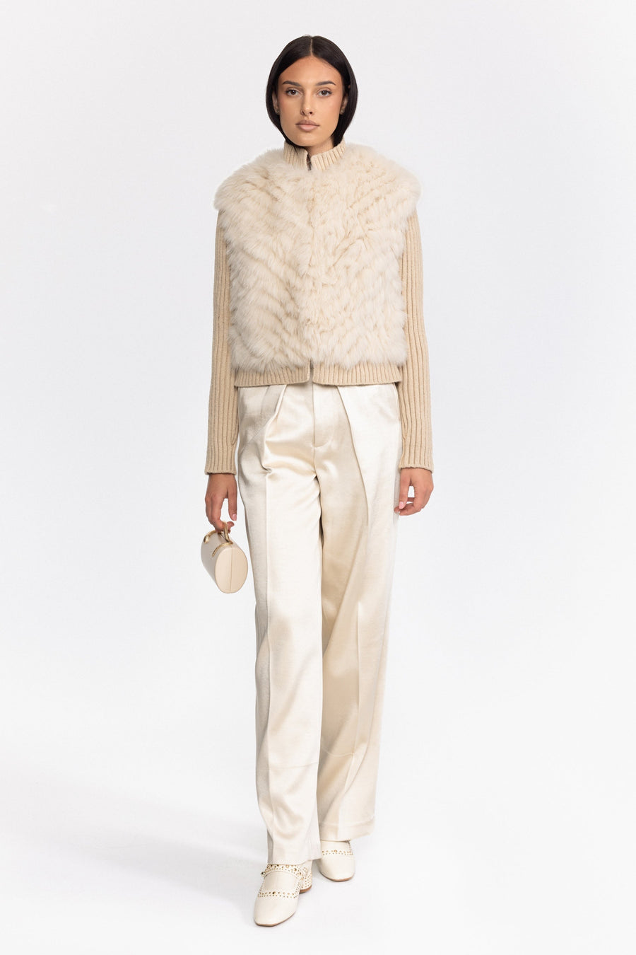 Solène Knitted Fox Fur Jacket with Rib Knit Sleeves - Beige