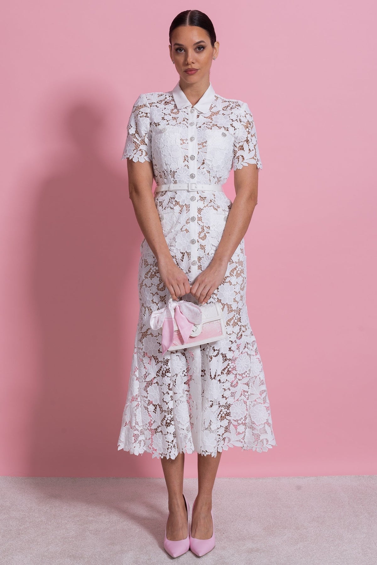 Lace Short Sleeve Midi Dress With Collared Neckline And Belted Waist - White