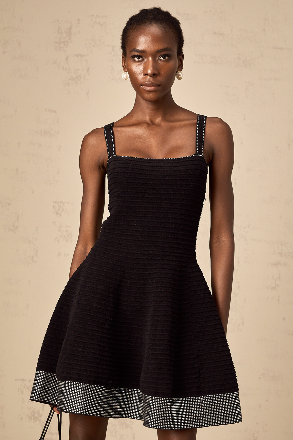 Éliane black studded flared knit mini dress
