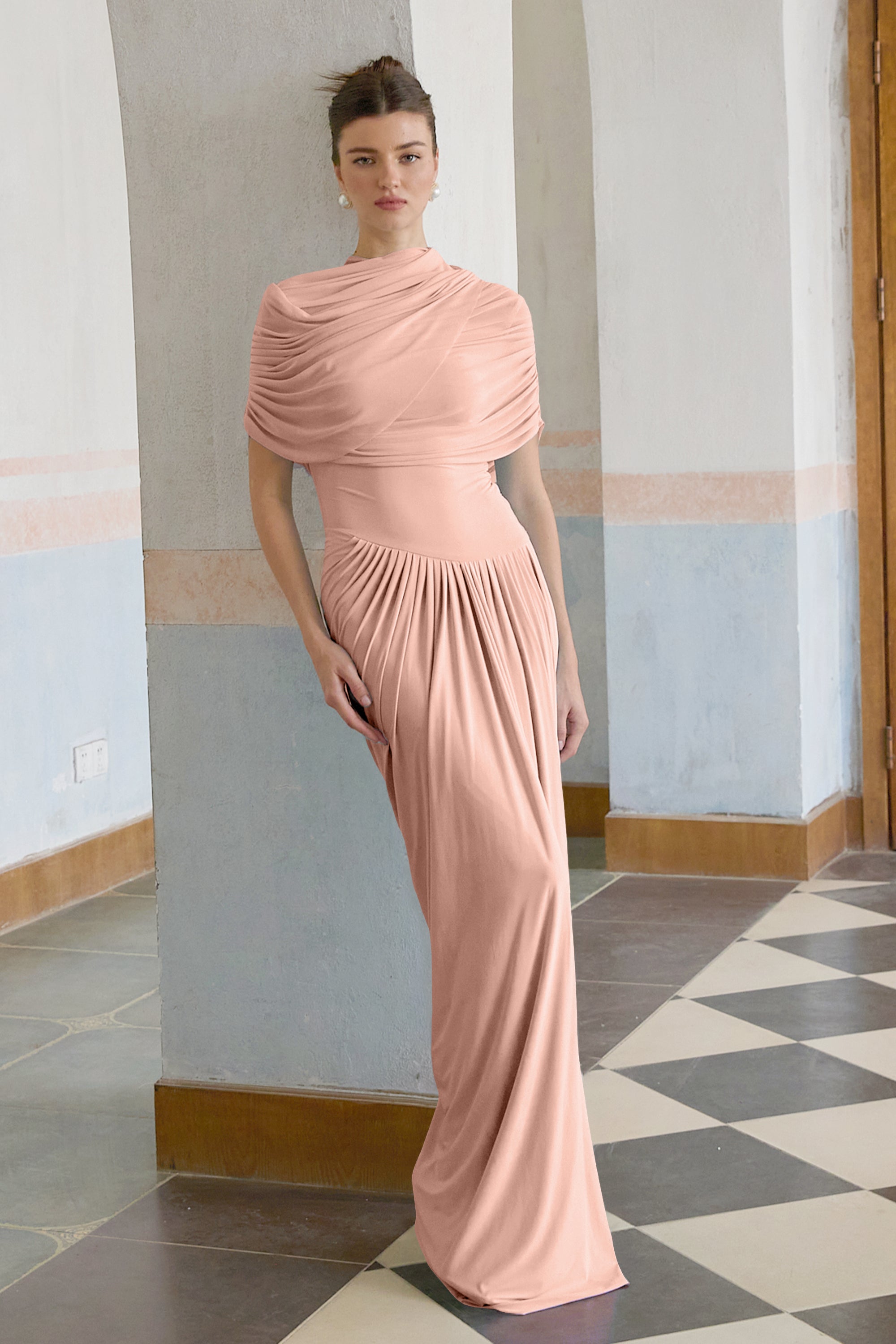 Catherine asymmetric pleated maxi dress in Pink
