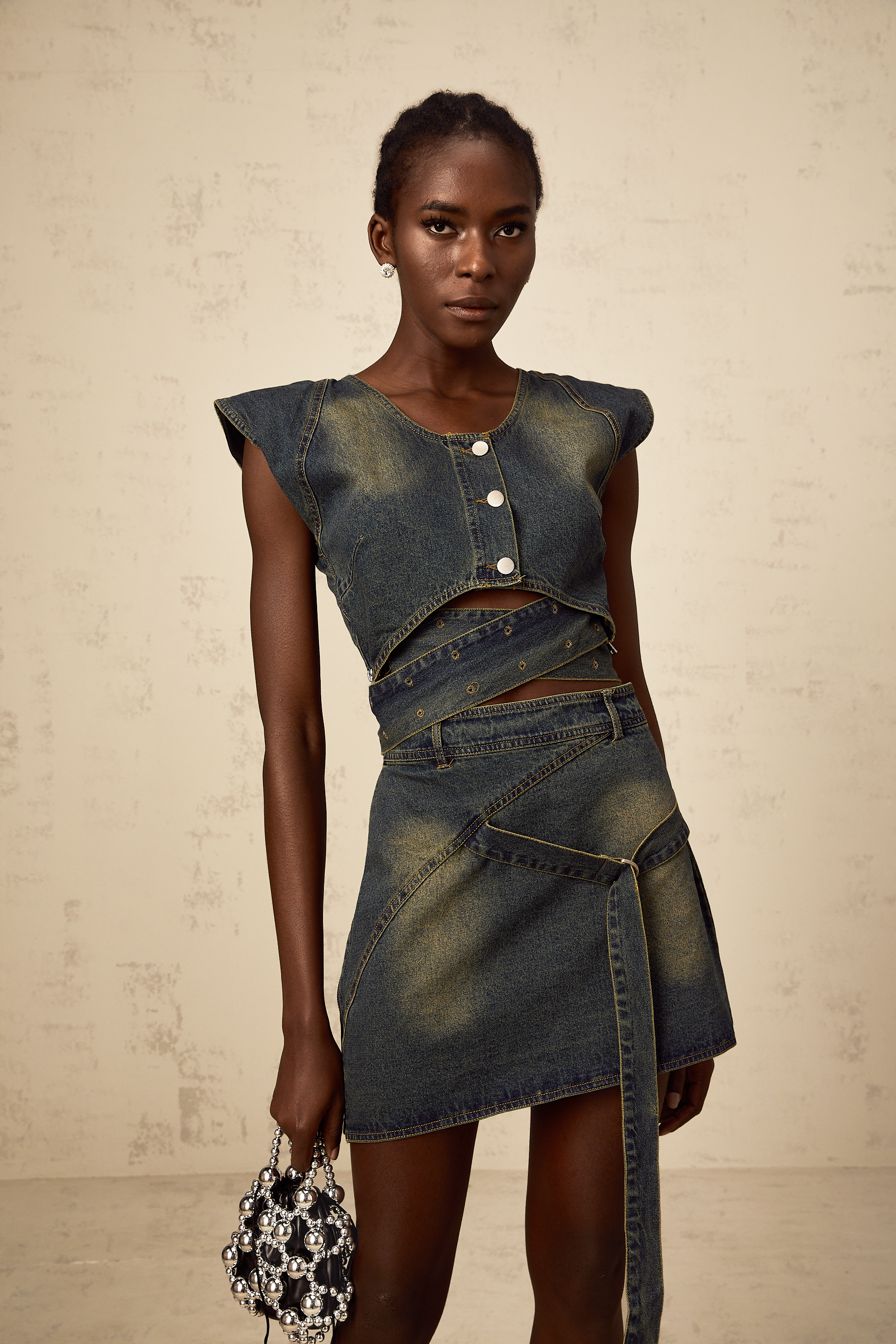Fanny blue cross-over denim top & skirt matching set