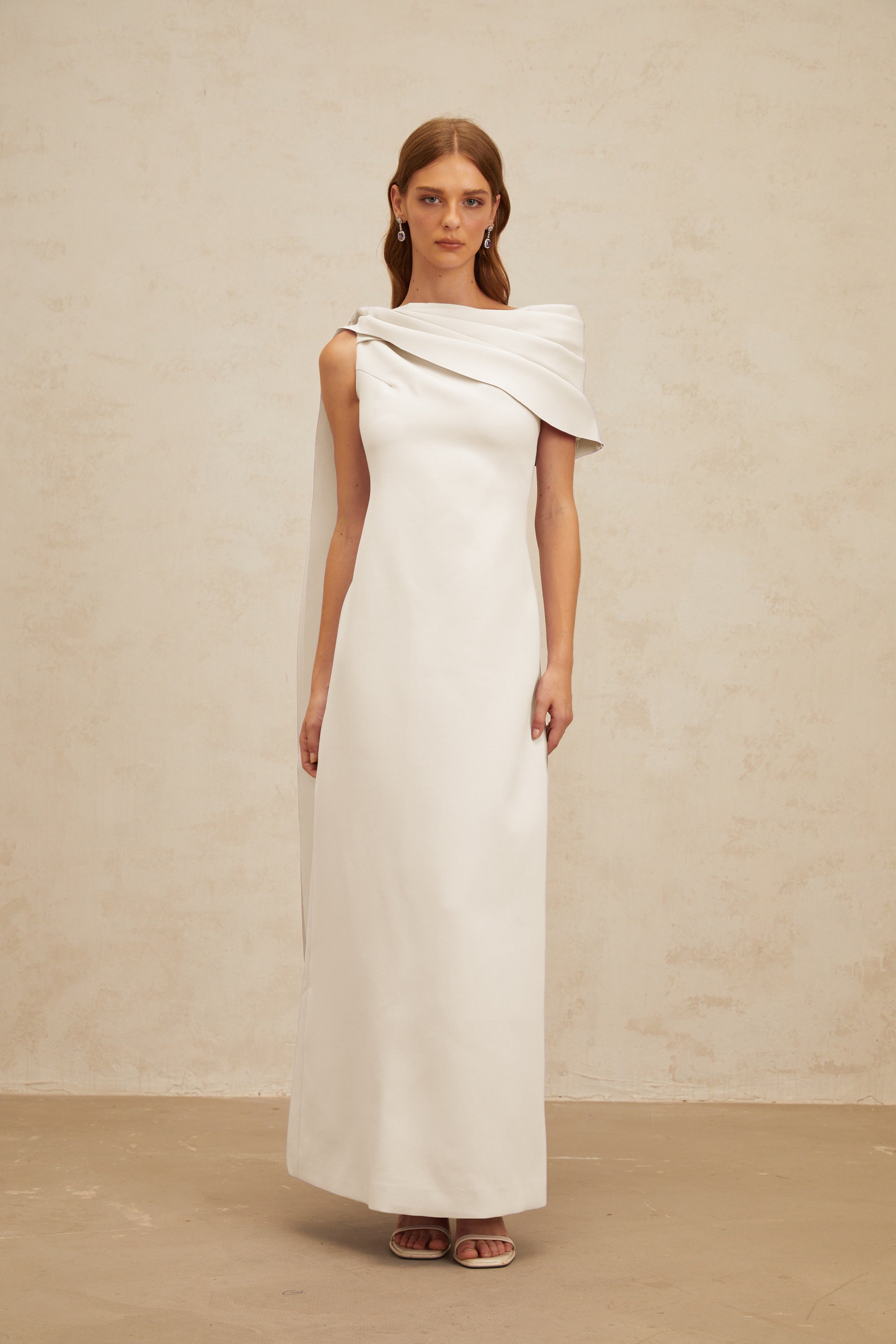 Annabelle White Cape-Design Ribbon Maxi Dress