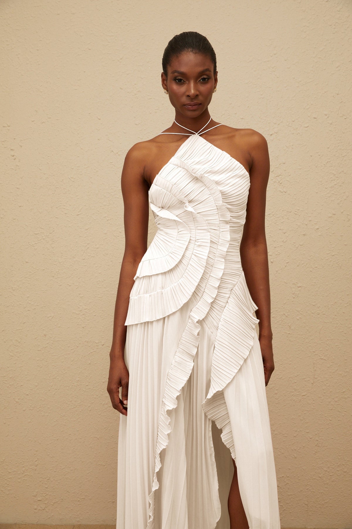 Doux White Ruffled Trim Pleated Midi Dress (Final Sale-US Only)