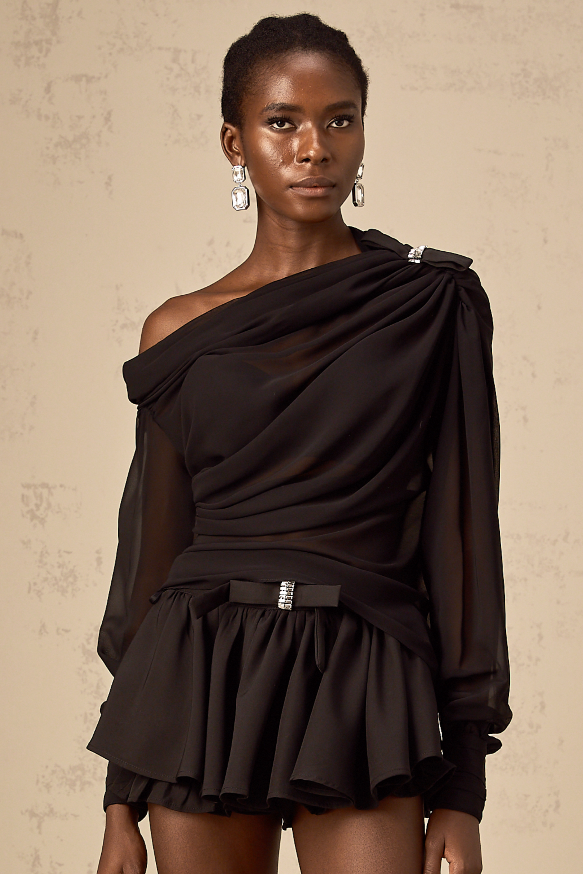 Andrea asymmetrical tulle blouse & skirt matching set in Black