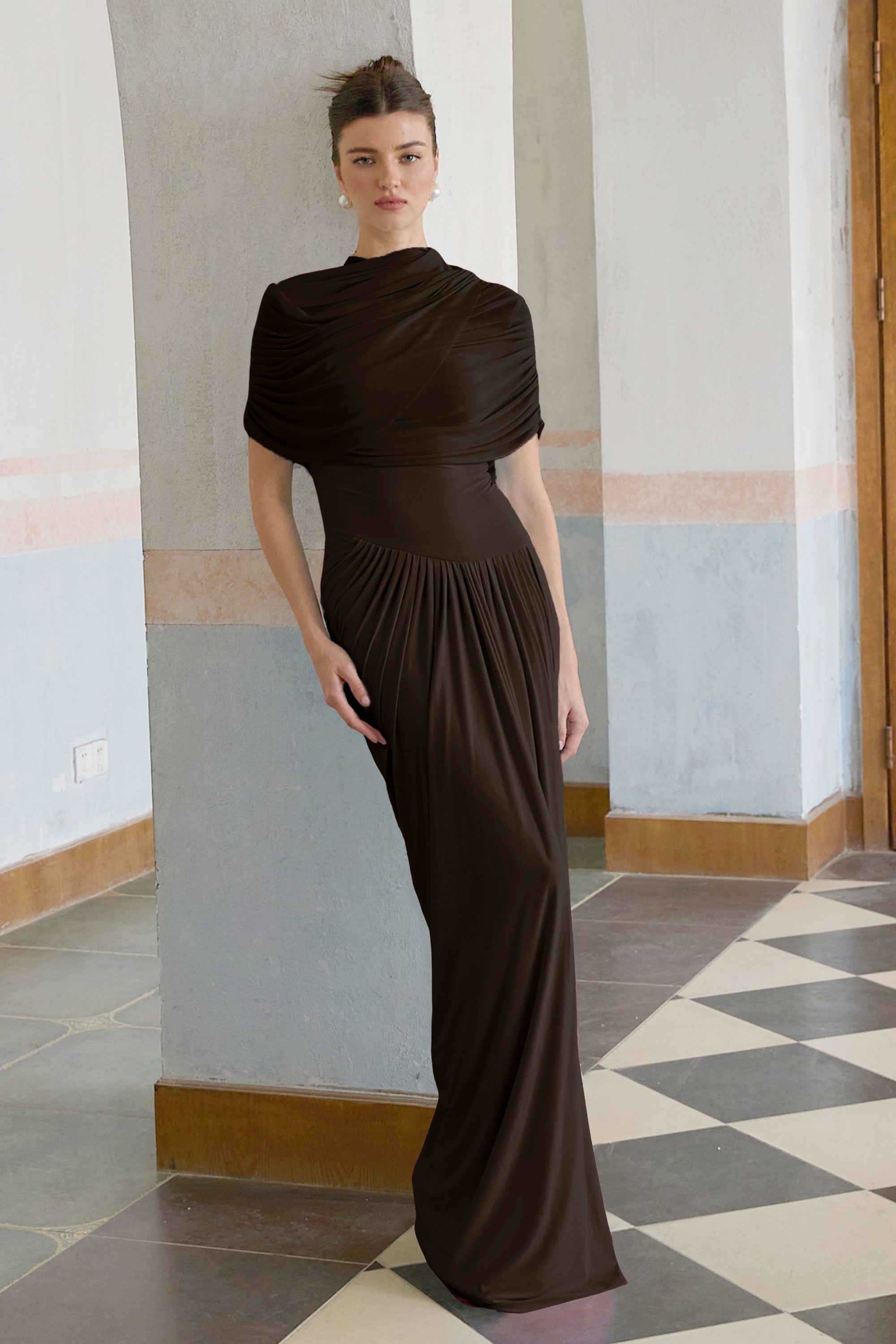 Catherine asymmetrical pleated maxi dress in Brown (Final Sale-US Only)