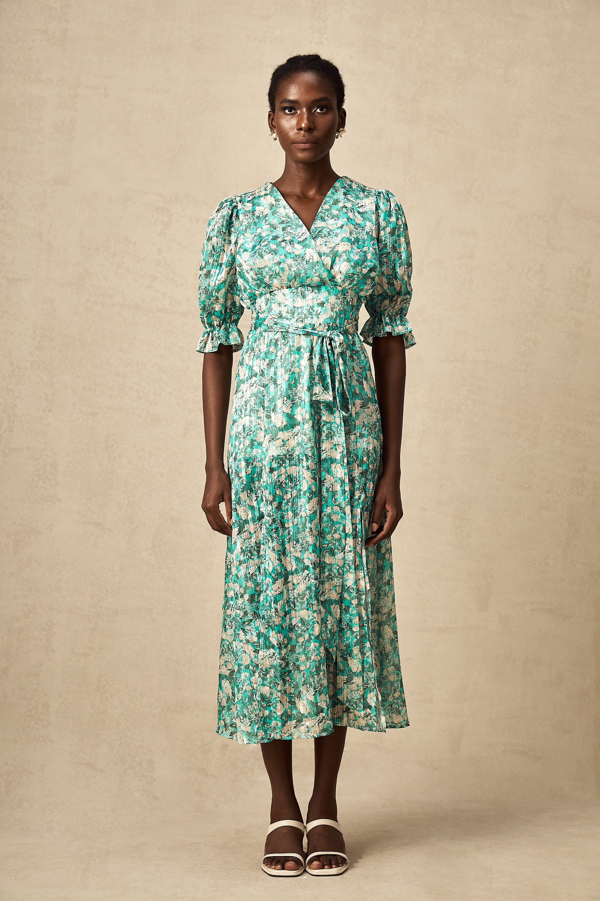 Alisa green floral-print high-slit midi dress