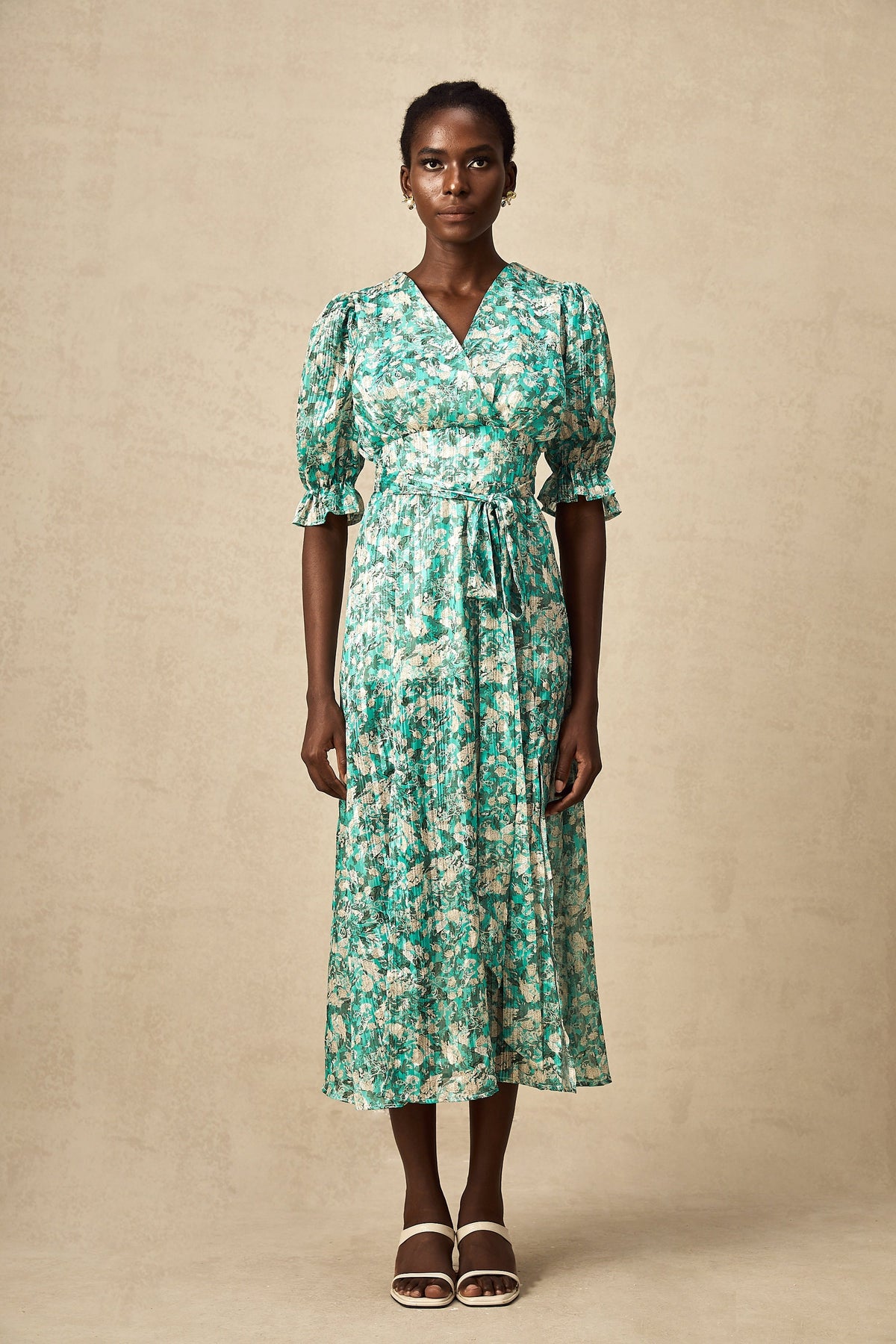 Alisa green floral-print high-slit midi dress