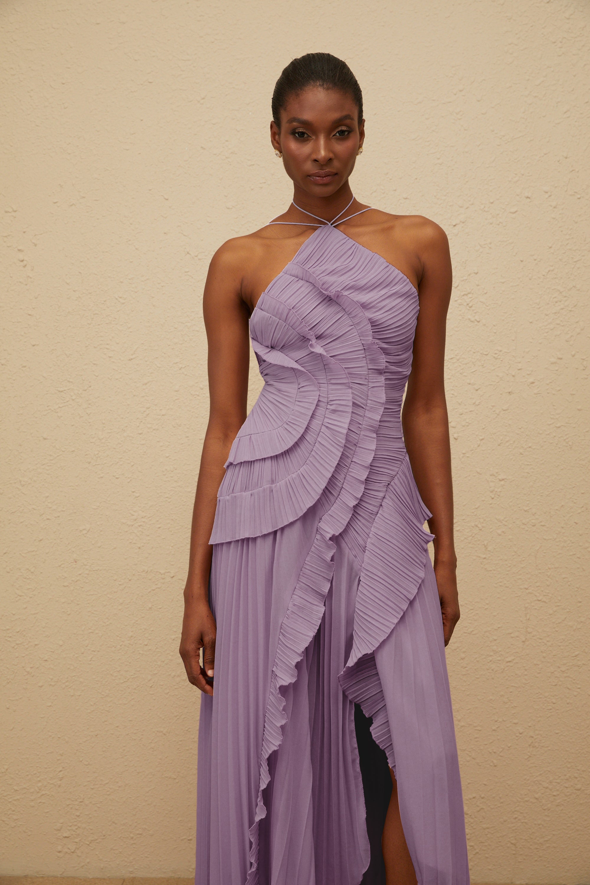 Doux Purple Ruffled Trim Pleated Midi Dress (Final Sale-US Only)