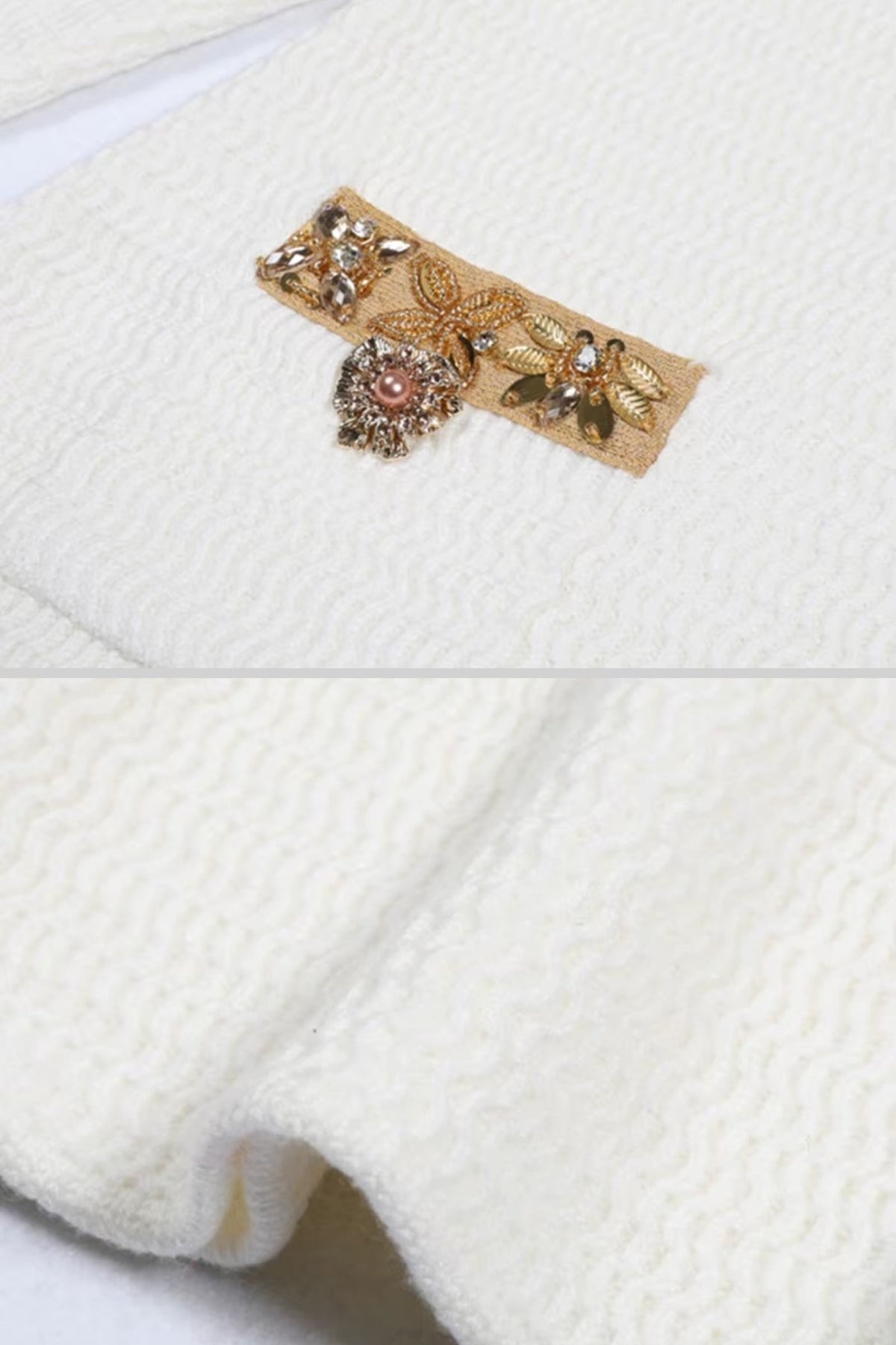 Textured Mini Dress With Long Sleeves And Gold Detailing - White