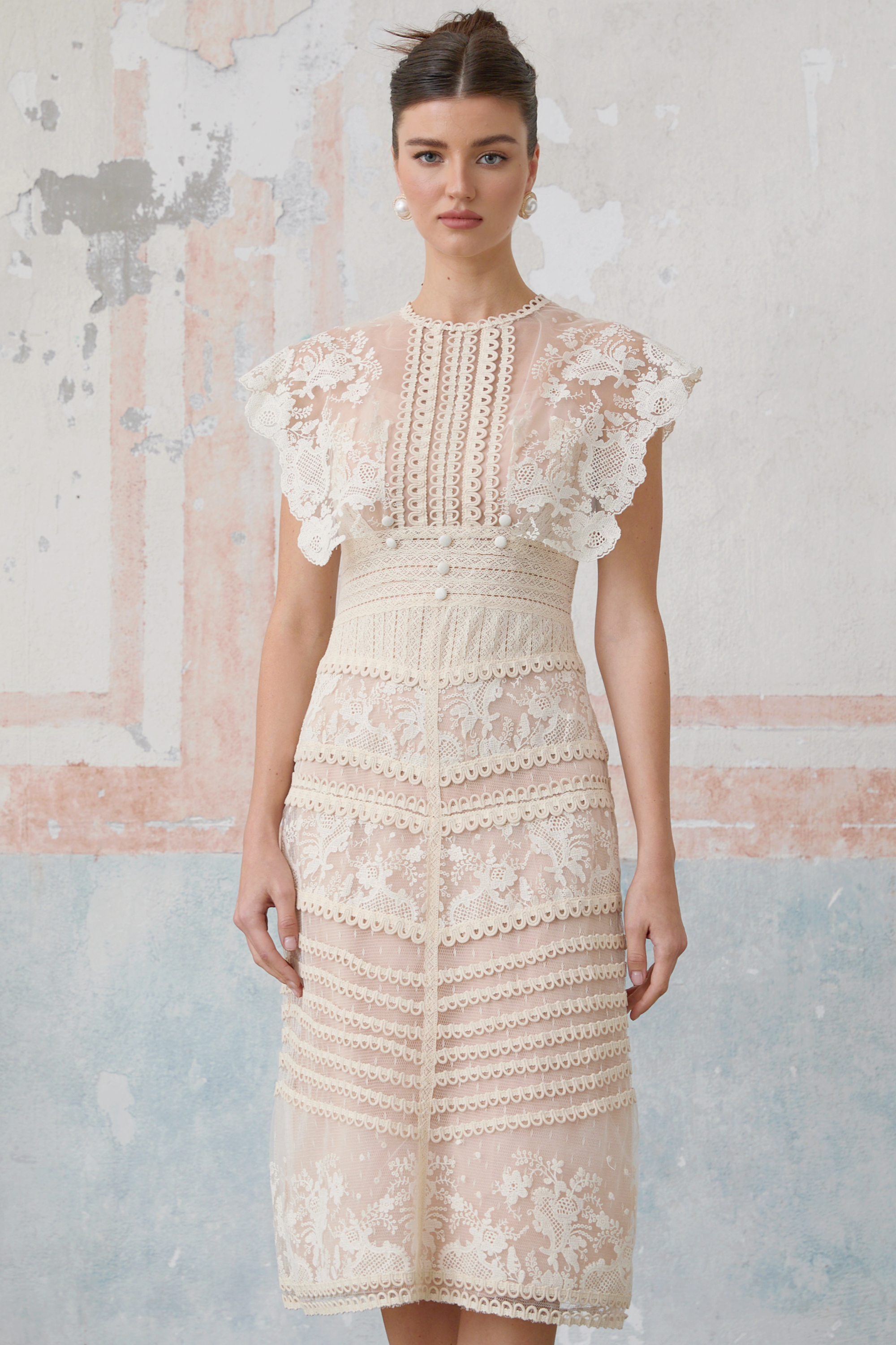 Fleur floral-embroidered lace midi dress in Neutrals (Final Sale-US Only)