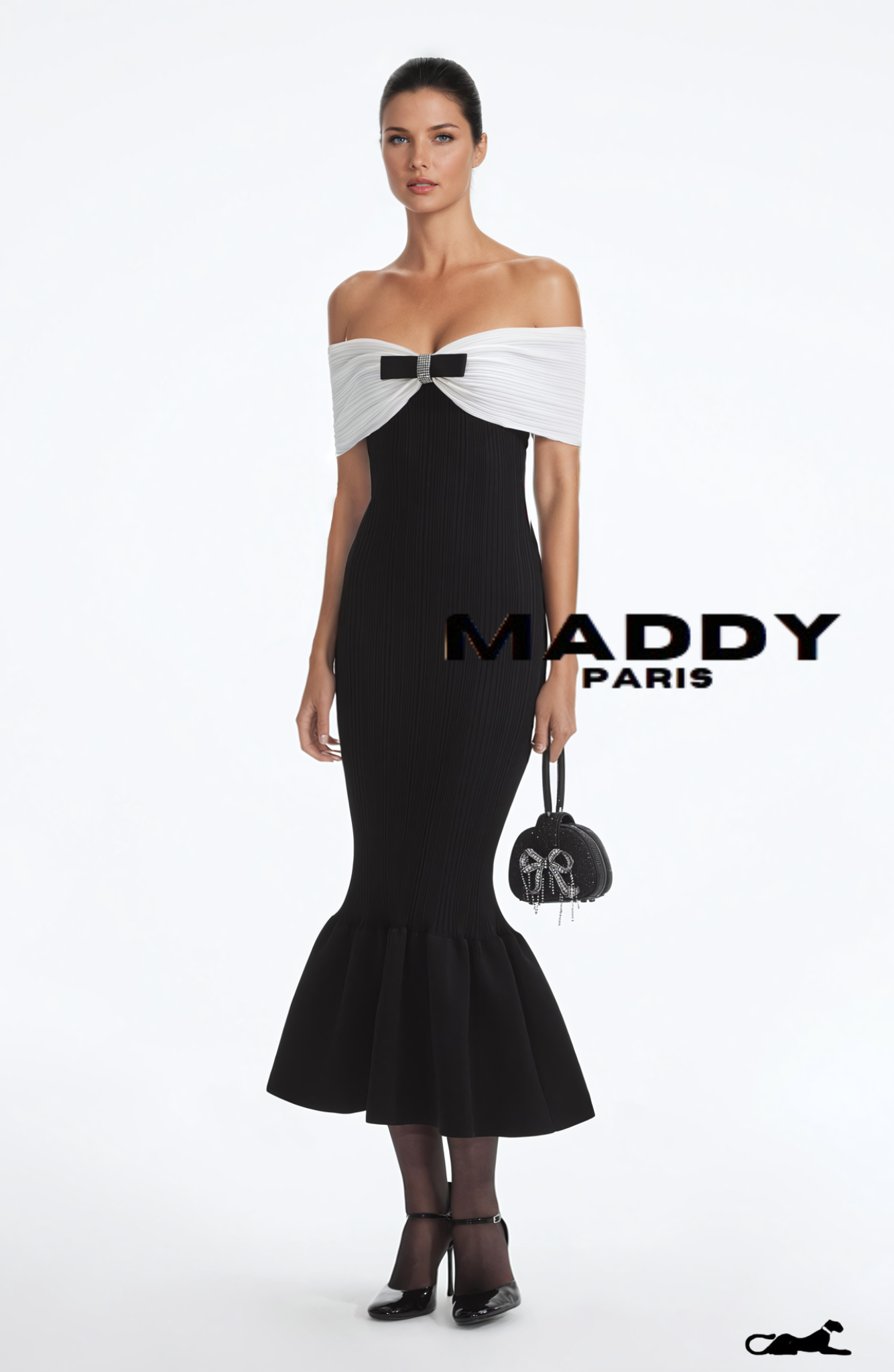ALESSANDRA BOW CREPE KNIT OFF-SHOULDER MIDI DRESS - BLACK & WHITE