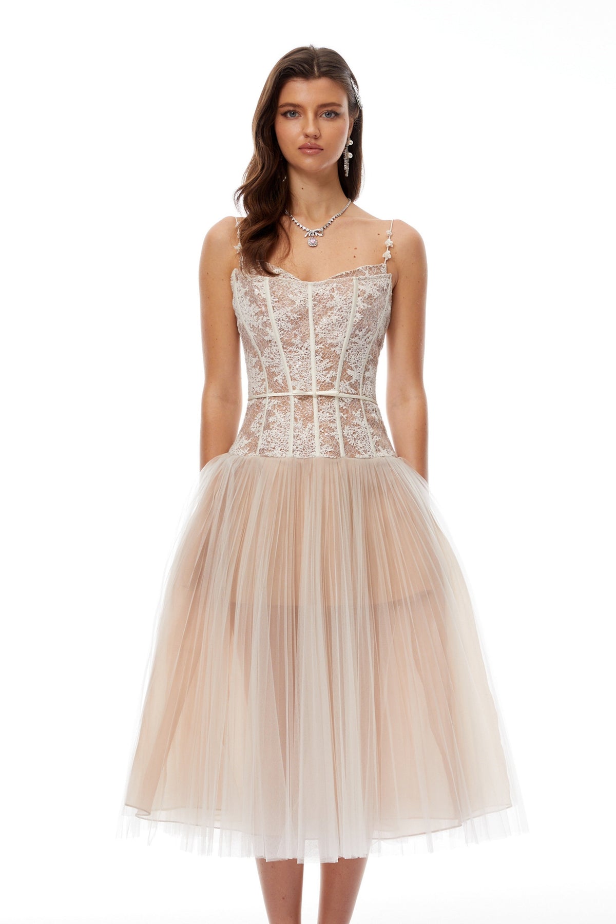 Mira Neutrals Lace Panel Tulle Midi Dress
