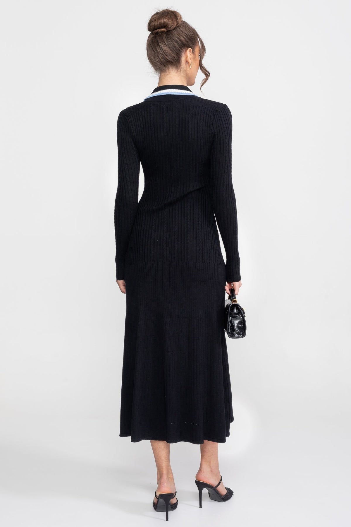 Georgiana Black Long Sleeve Knit Midi Dress With Polo Collar And Monogram Patch
