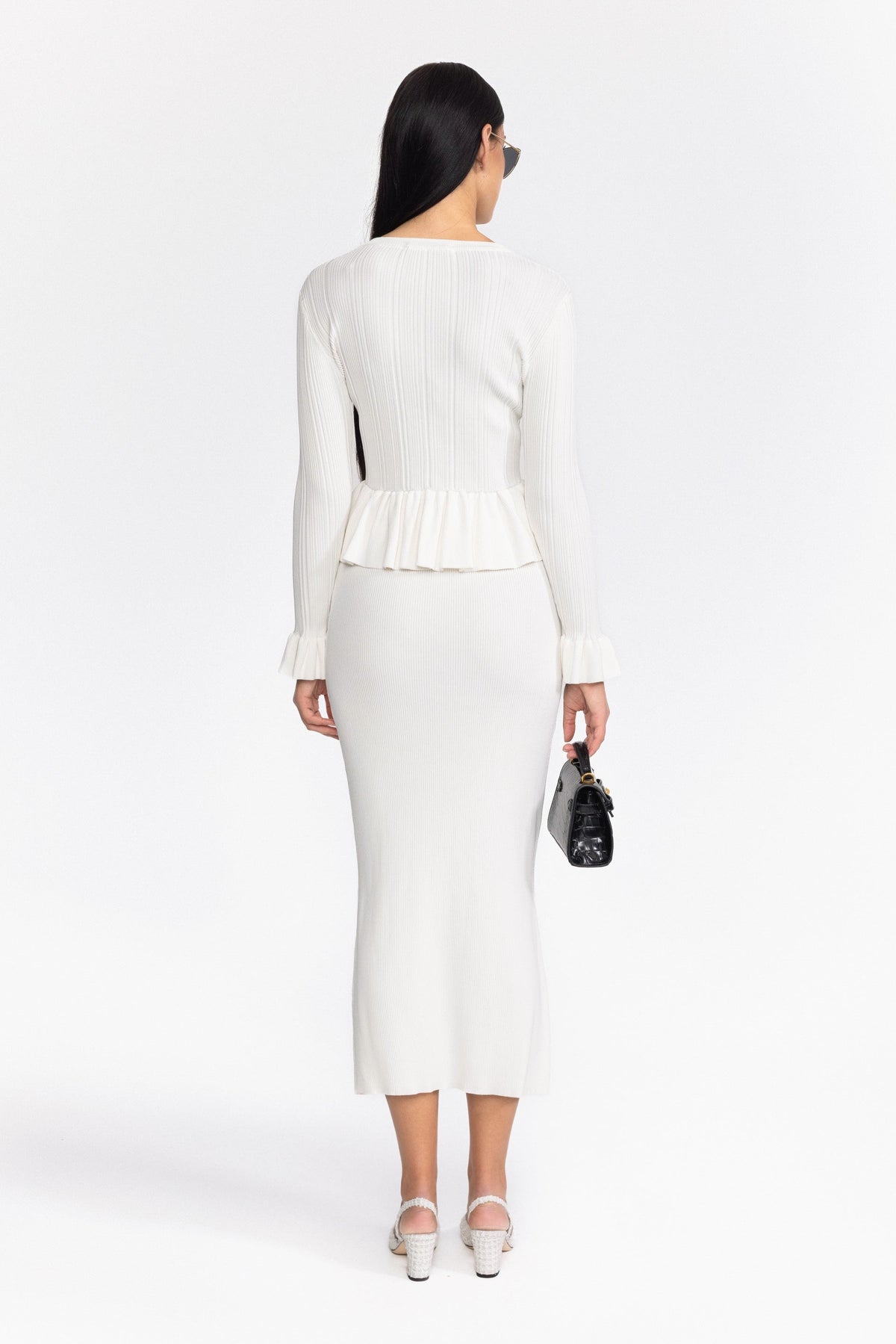 Ribbed Knit Peplum Cardigan and Midi Skirt Set - White